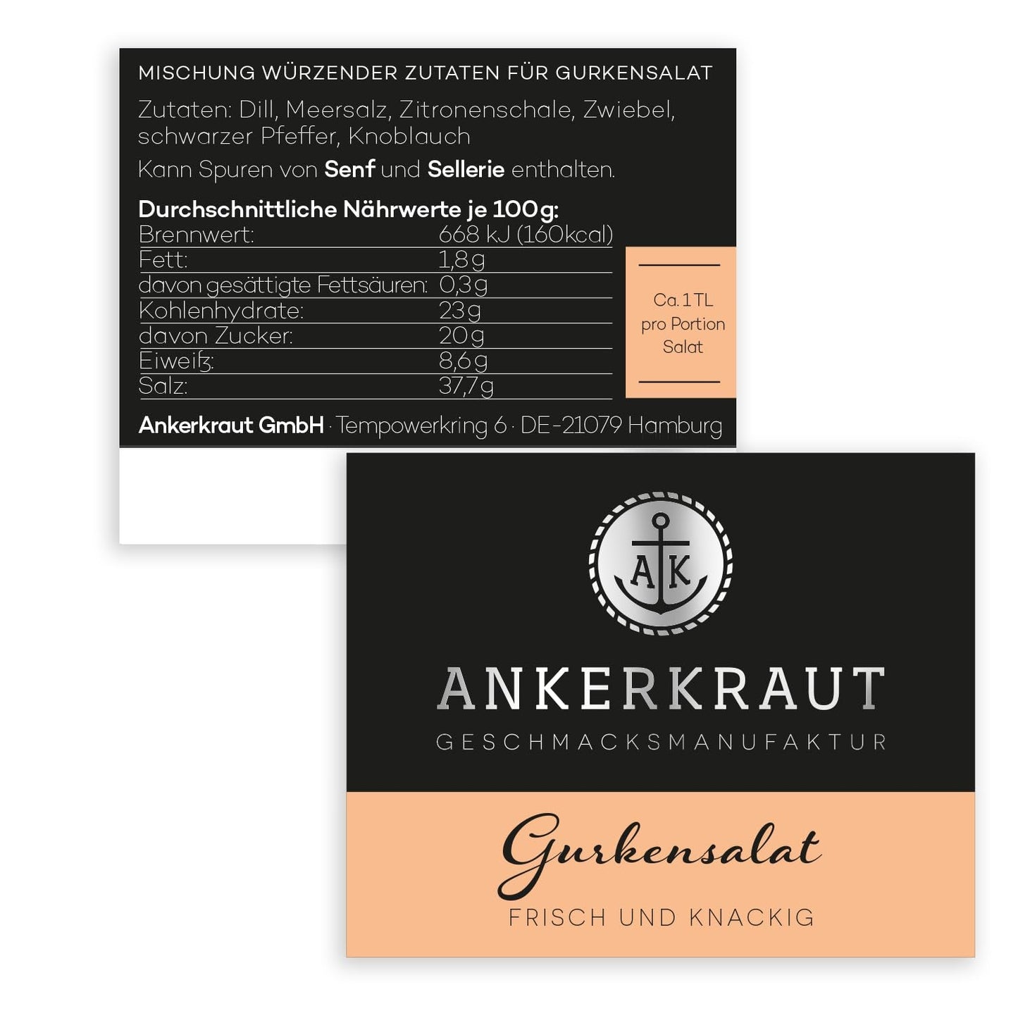 Ankerkraut Gurkensalat, 60 g im Korkglas, Würze Gherken-Salat Ganz Einfach, Zuckerfrei und Ohne Gesmackverstärker, Mischung würzender Zutat für Salat