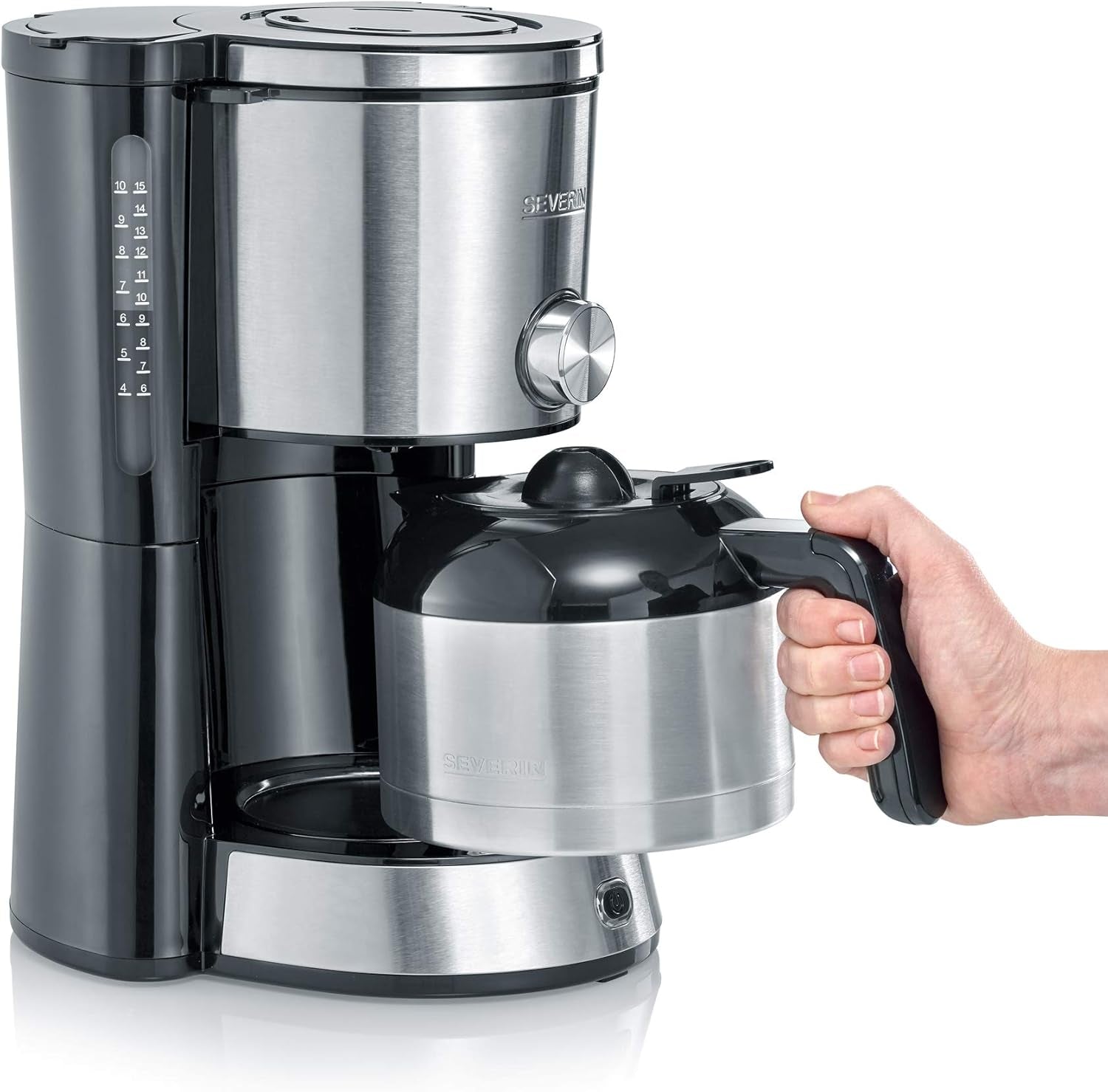 SEVERIN „TypeSwitch“ Espressomaschine mit Thermokaraffe, AromaSwitch zur Wahl zwischen 2 Brühprofilen, Kaffeemaschine für bis zu 10 Tassen, 1000W, Edelstahl gebürstet-schwarz, KA 4845