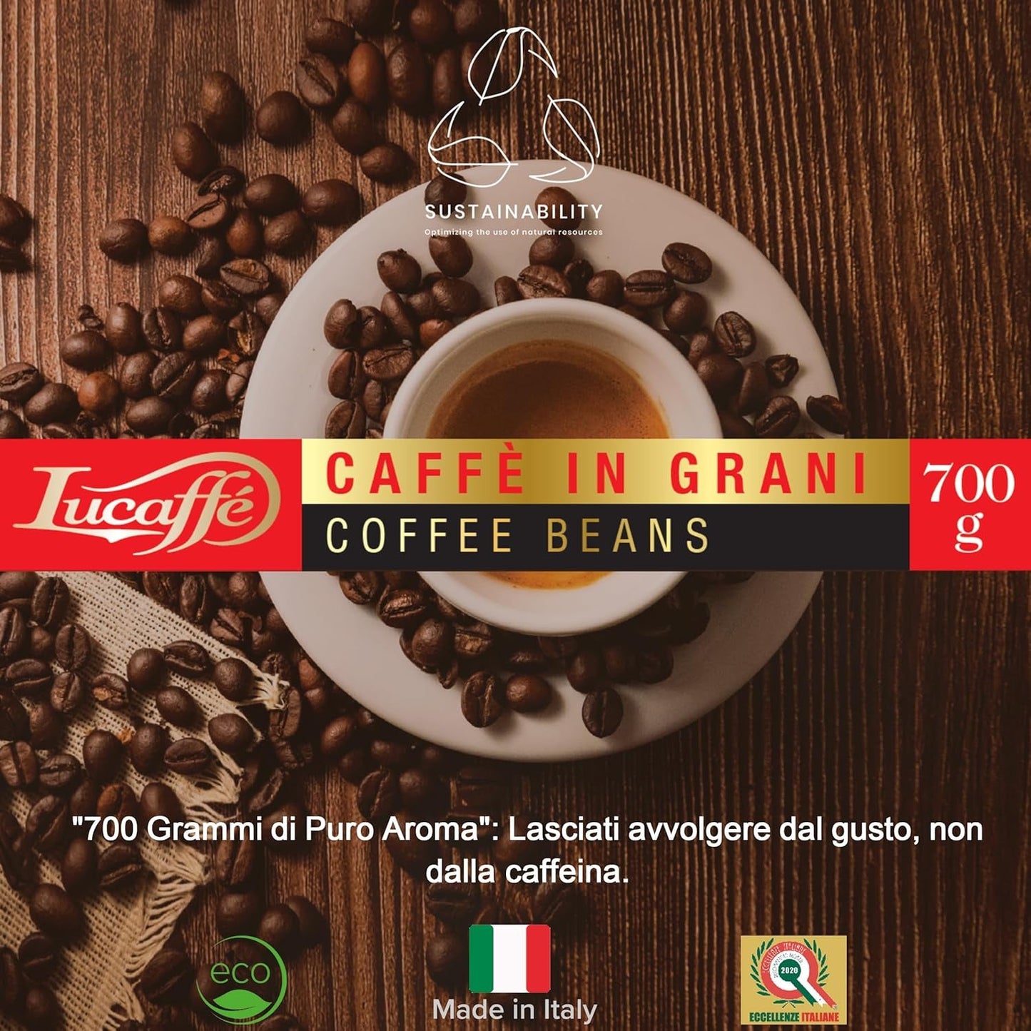 Lucaffè - Entkoffeinierte Kaffeebohnen Decaffeinato, 700 Gr | Kaffeebohnen zum Mahlen für Espresso ohne Kaffein | Dunkle Röstung | Süßer und fruchtiger Geschmack, cremig | Aroma-Intensiv
