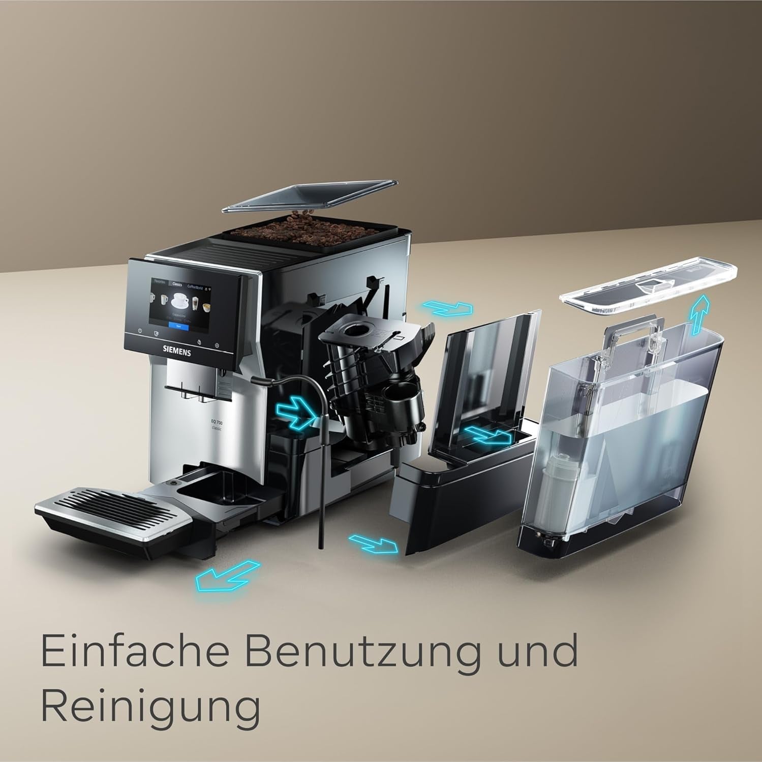Automatische Espressomaschine Siemens EQ700 classic TP715D01, App-Steuerung, Cold Brew, intuitives Touch-Display, bis zu 10 individuelle Kaffeekreationen als Favoriten, automatische Dampfreinigung, 1500 W, silbergrau