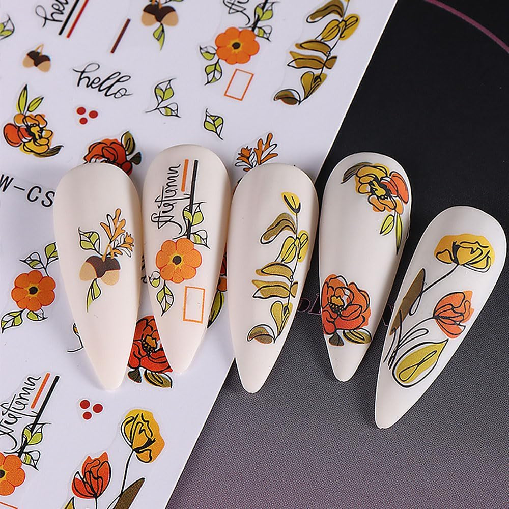 3D Herbst Nagelaufkleber Kürbisblätter Nagelaufkleber Geometrische Linie Blumen Nagelaufkleber Thanksgiving Day Design Nagelaufkleber Herbst Kürbis Nagelaufkleber Nagelzubehör Nagelkunst