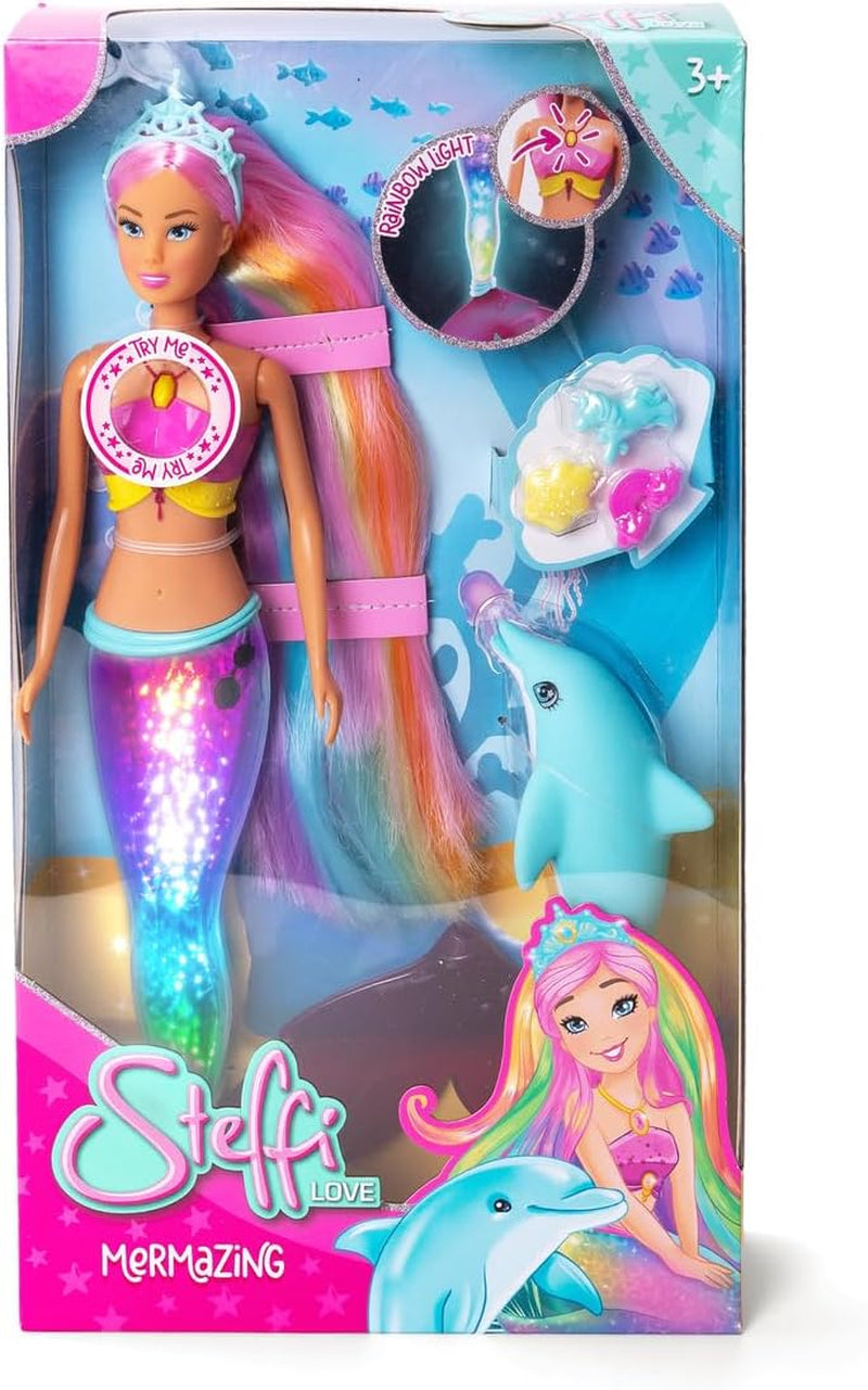 Simba Steffi Love Mermaizing Meerjungfrau-Puppe mit Regenbogen-Lichtfunktion, extra langem Haar, Delfinfigur und Haarspangen, 39 cm Höhe, Try-Me-Funktion, ab 3 Jahren