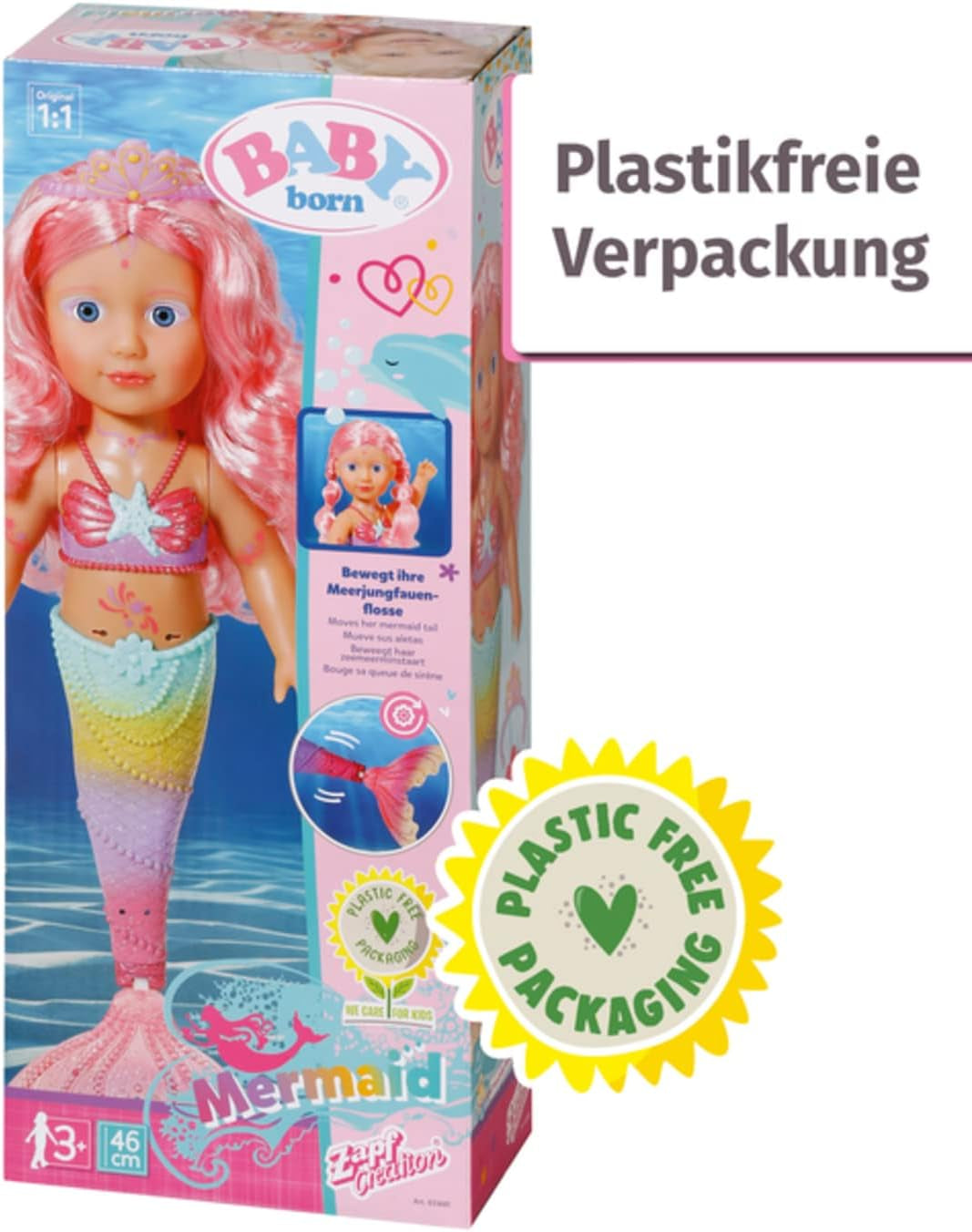 BABY Born Little Sister Mermaid 46 cm Wasserfeste Meerjungfrauenpuppe mit langen Haaren und beweglicher Glitzerflosse, inkl. Tiara und Kamm, 833681 Zapf Creation Dolls Naty Shop