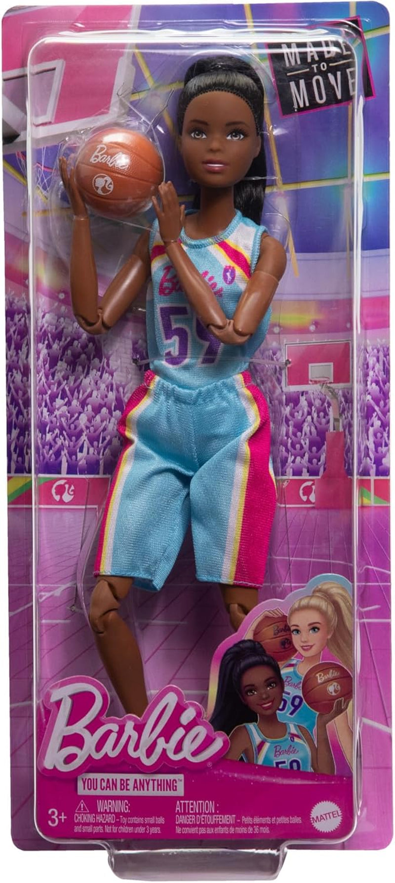 Barbie Made to Move-Puppe und Zubehör, brünette Basketballspielerin mit abnehmbarem Sportkleid und Ball, 22 bewegliche Gelenke, HKT74