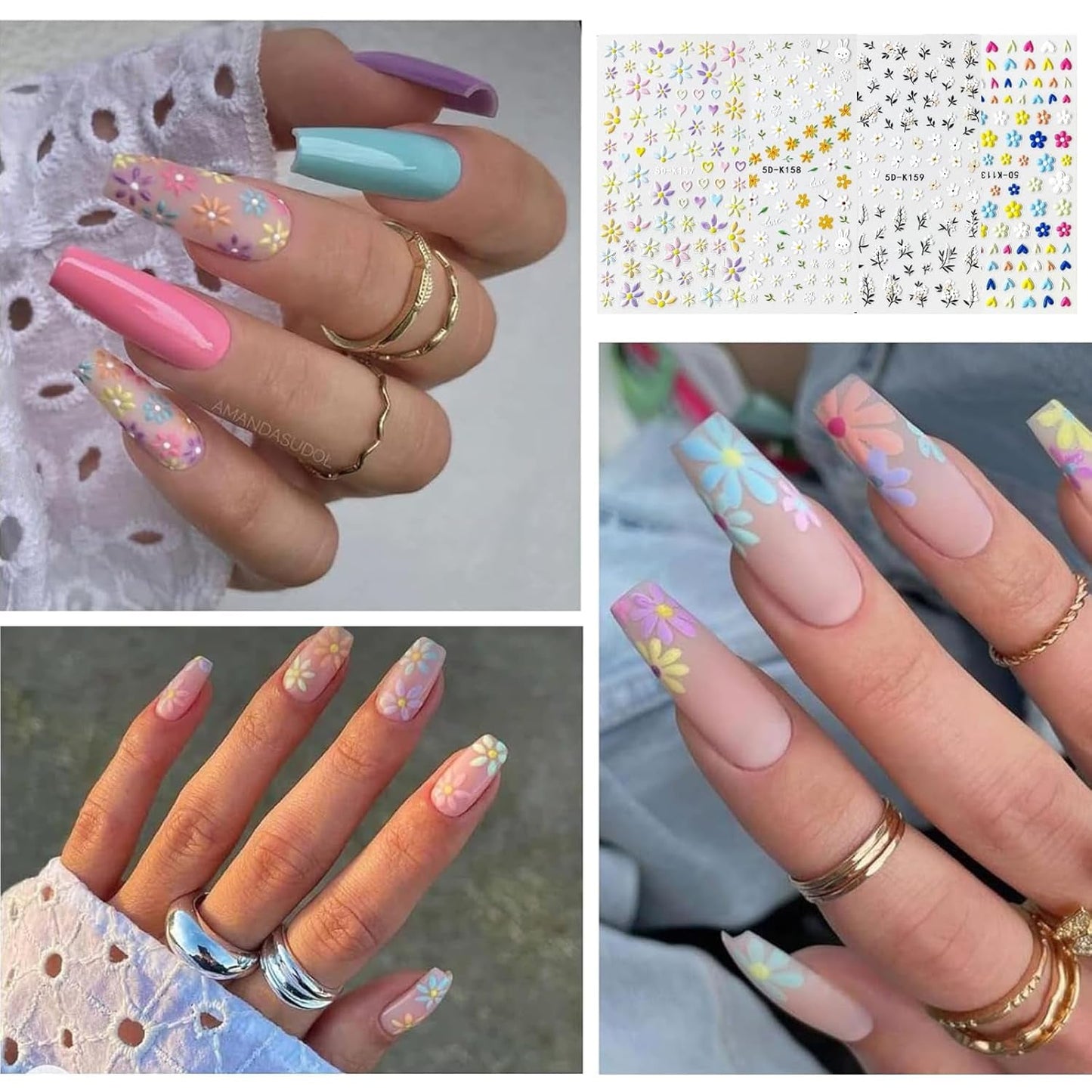 Nagelsticker-Set für einzigartiges Nageldesign, 4 Blatt Frühlingsthemen Nail Art Zubehör, perfekt für 3D-Gel-Nägel und UV-Gel-Streifen