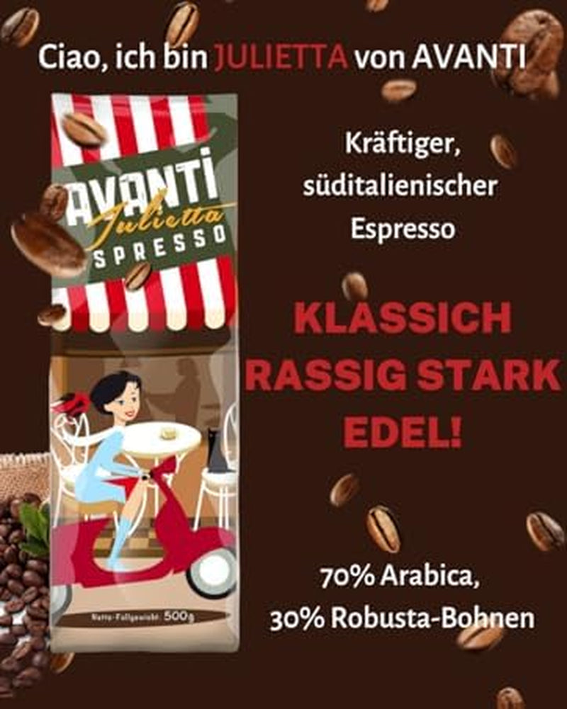 AVANTI Julietta Espresso-Kaffeebohnen, 500 g, 70 % Arabica 30 % Robusta, traditionelle Trommelröstung