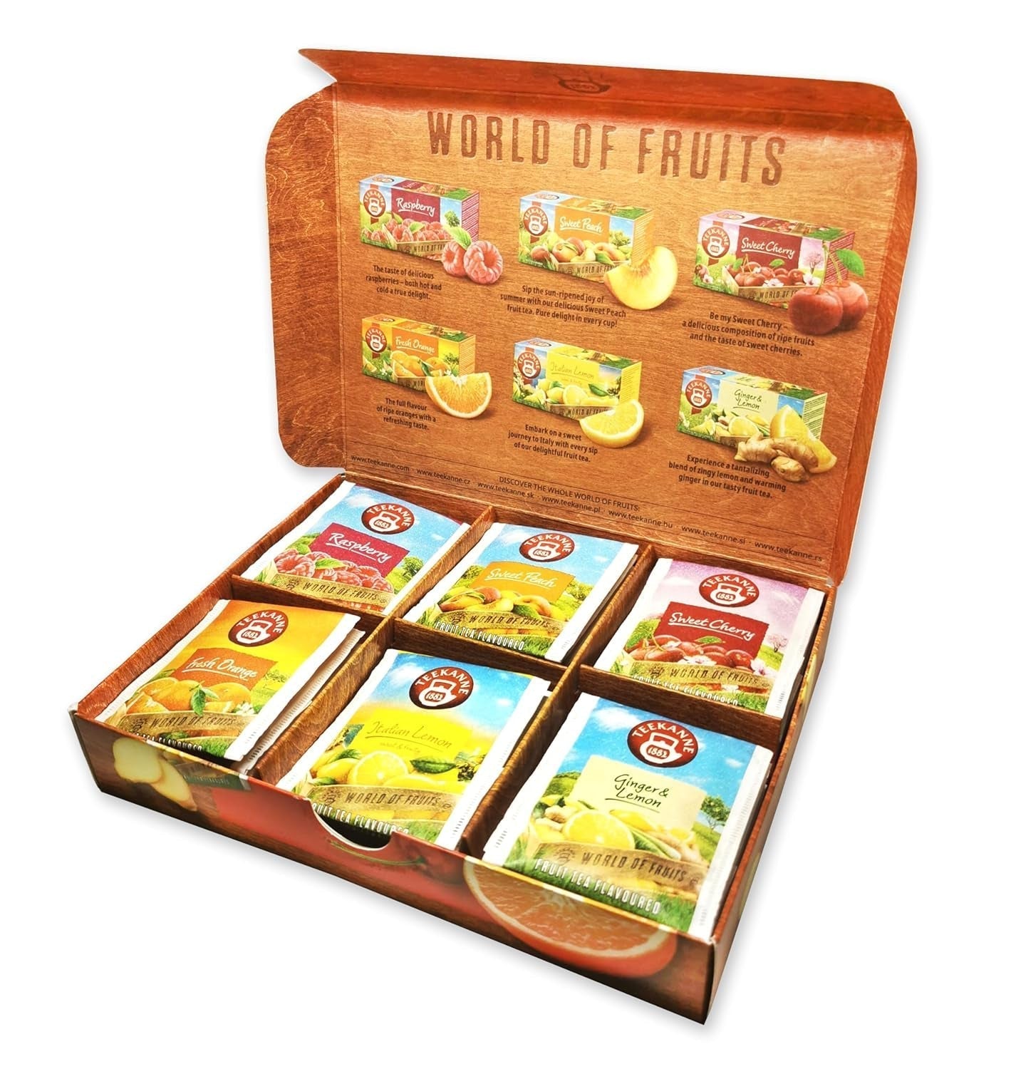 Teekanne World of Fruits (NEUE EDITION) - Box mit Auswahl an Früchtetees - 6 Geschmacksrichtungen * 5 Teebeutel