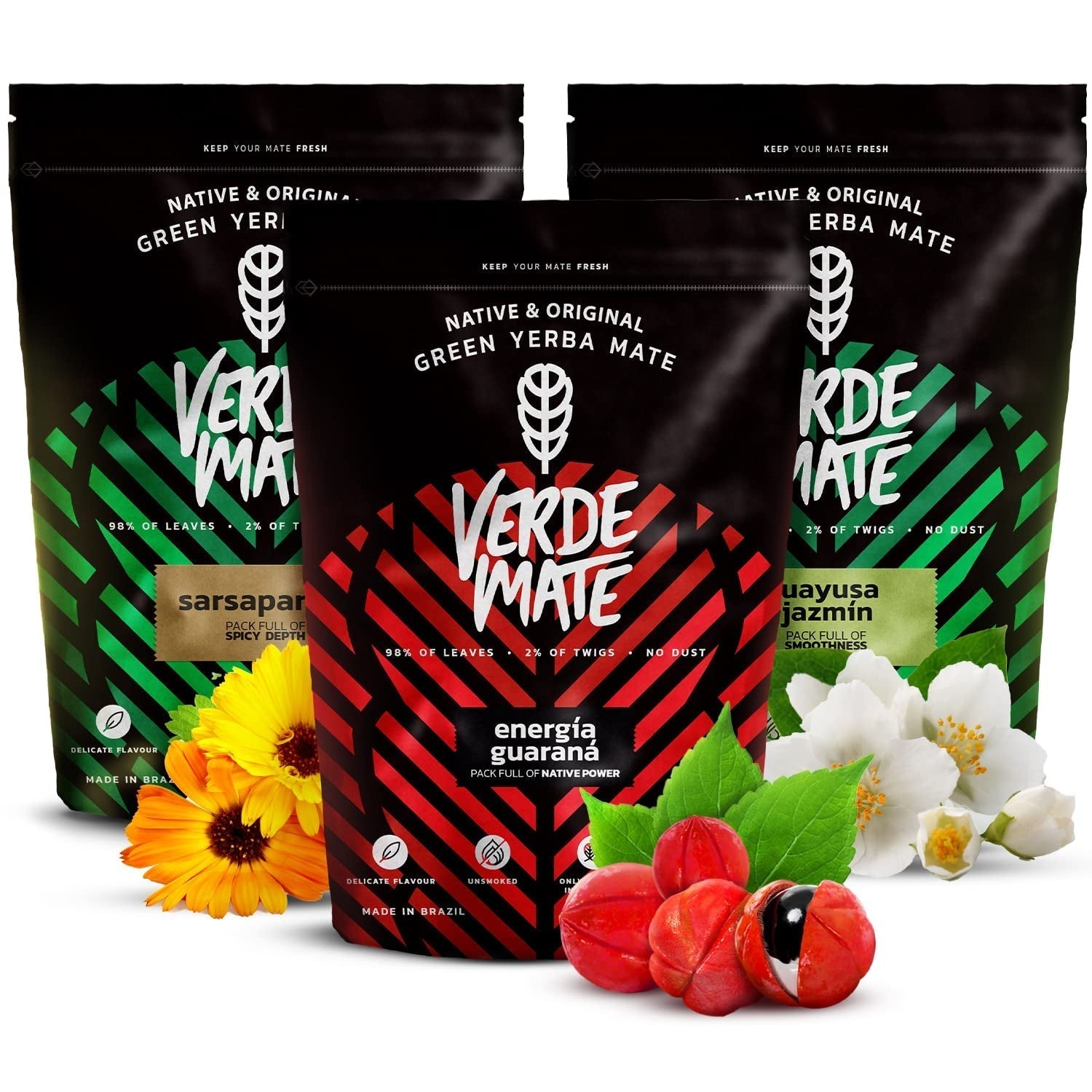 Kräuter-Yerba-Mate-Tee-Set | Yerba Mate mit Kräutern | Green Mate Green Energy Guarana, Guayusa Jazmin, Sarsaparilla | Brasilianischer grüner Yerba Mate | 3X500G