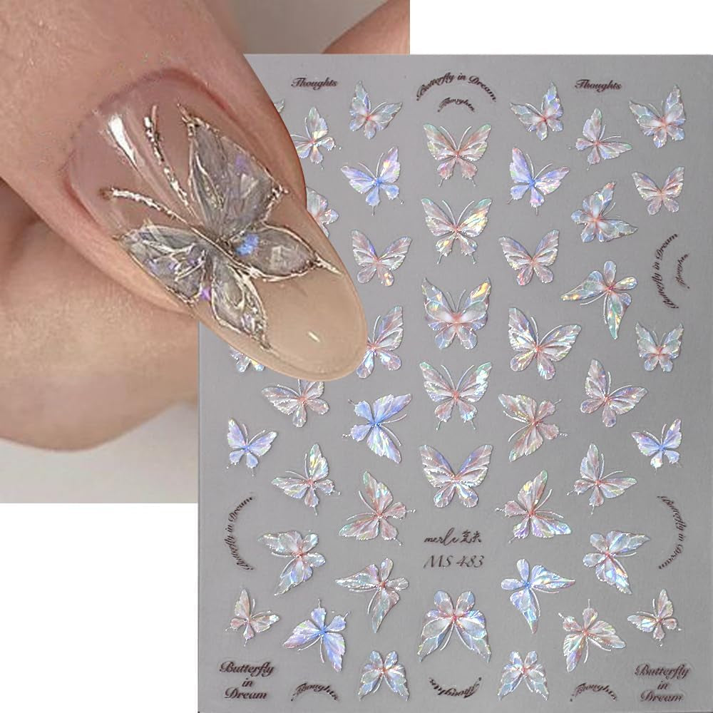 Aurora Shell Schmetterling Nagelsticker Selbstklebend,Erleichterung Schmetterlinge Nail Sticker Rosa Laser Schmetterling Nagelaufkleber Für Frauen Nageldesign Zubehör Nagel Zubehör Nail Art