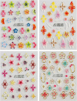 JMEOWIO 3D Nagelsticker Colorful Flower Nail Art Sticker Selbstklebend Nagelaufkleber 5D Stereoskopisch Spring Summer Floral Dekoration Nageldesign Zubehör 4 Blatt