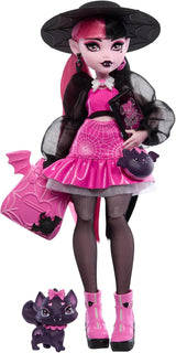 Monster High Draculaura-Puppe mit ihrer Fledermauskatze Count Fabulous als Haustier und Zubehör wie Rucksack, Zauberbuch, Bento-Box und mehr, HRP64 Naty Shop Dolls Count Fabulous