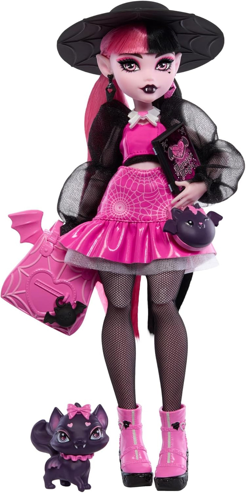 Monster High Draculaura-Puppe mit ihrer Fledermauskatze Count Fabulous als Haustier und Zubehör wie Rucksack, Zauberbuch, Bento-Box und mehr, HRP64 Naty Shop Dolls Count Fabulous