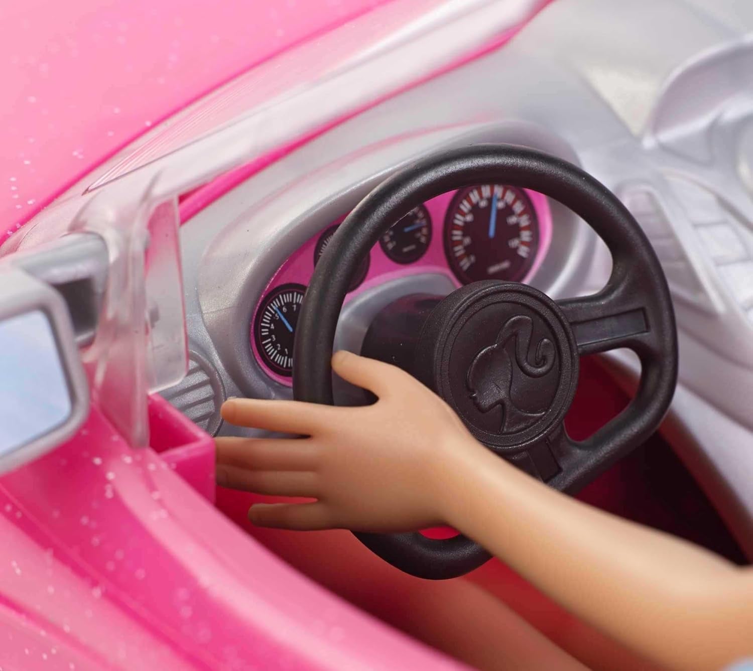 Barbie-Puppe und rosa glitzerndes Cabriolet, realistische Reifen, Logo, Spielzeug für Kinder ab 3 Jahren, DJR55