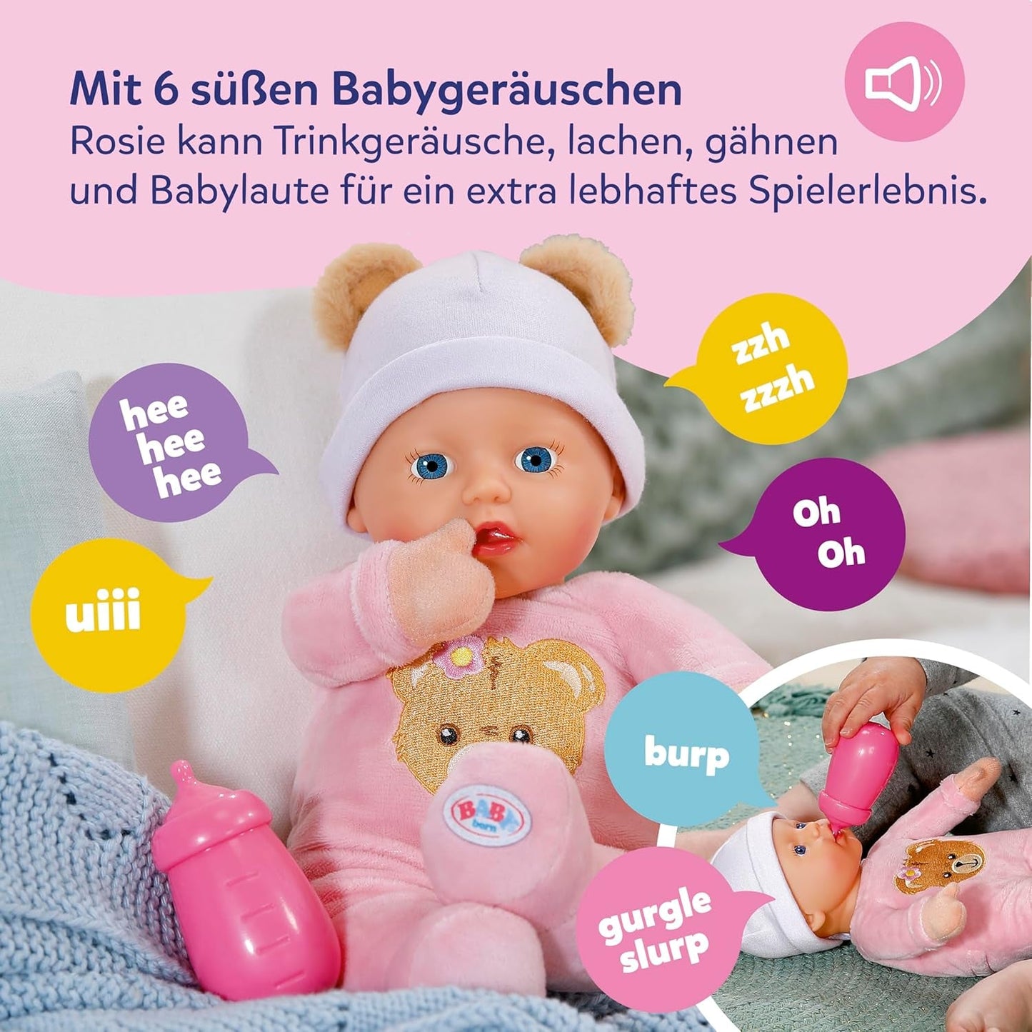 Baby Born Rosie Kuschelpuppe 30 cm mit 6 Geräuschen und Flasche, rosa