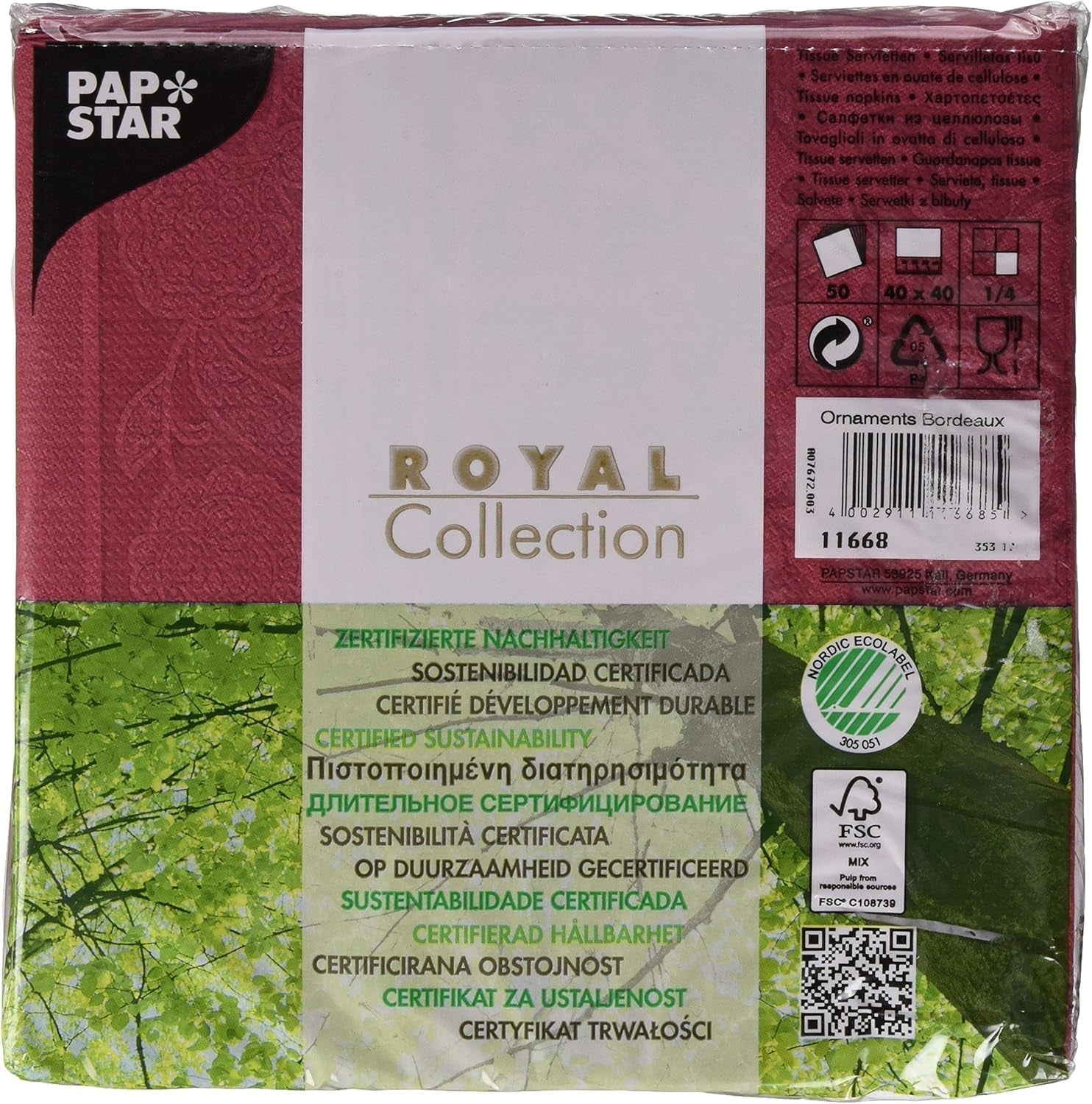 50 Servietten „ROYAL Collection“ 1/4 Falz 40 cm x 40 cm Bordeaux „Ornaments“