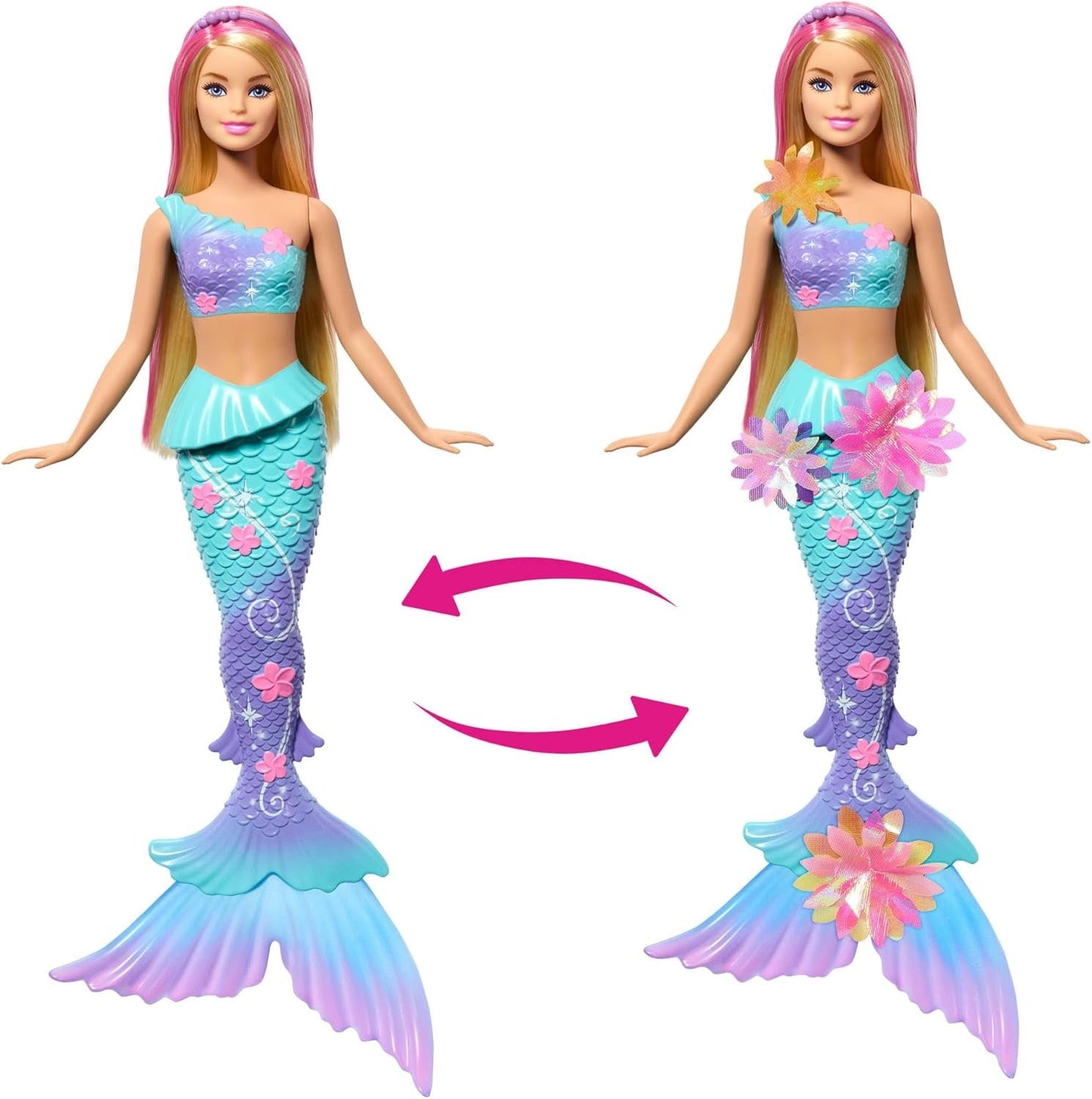 Barbie Meerjungfrauen-Spielzeug Puppe mit magischer Überraschungs Blüte, Schwanzflosse mit Farbverlauf, perlenbesetzten Haarreif und langem blonden Haar mit rosa Strehchen, JDM72