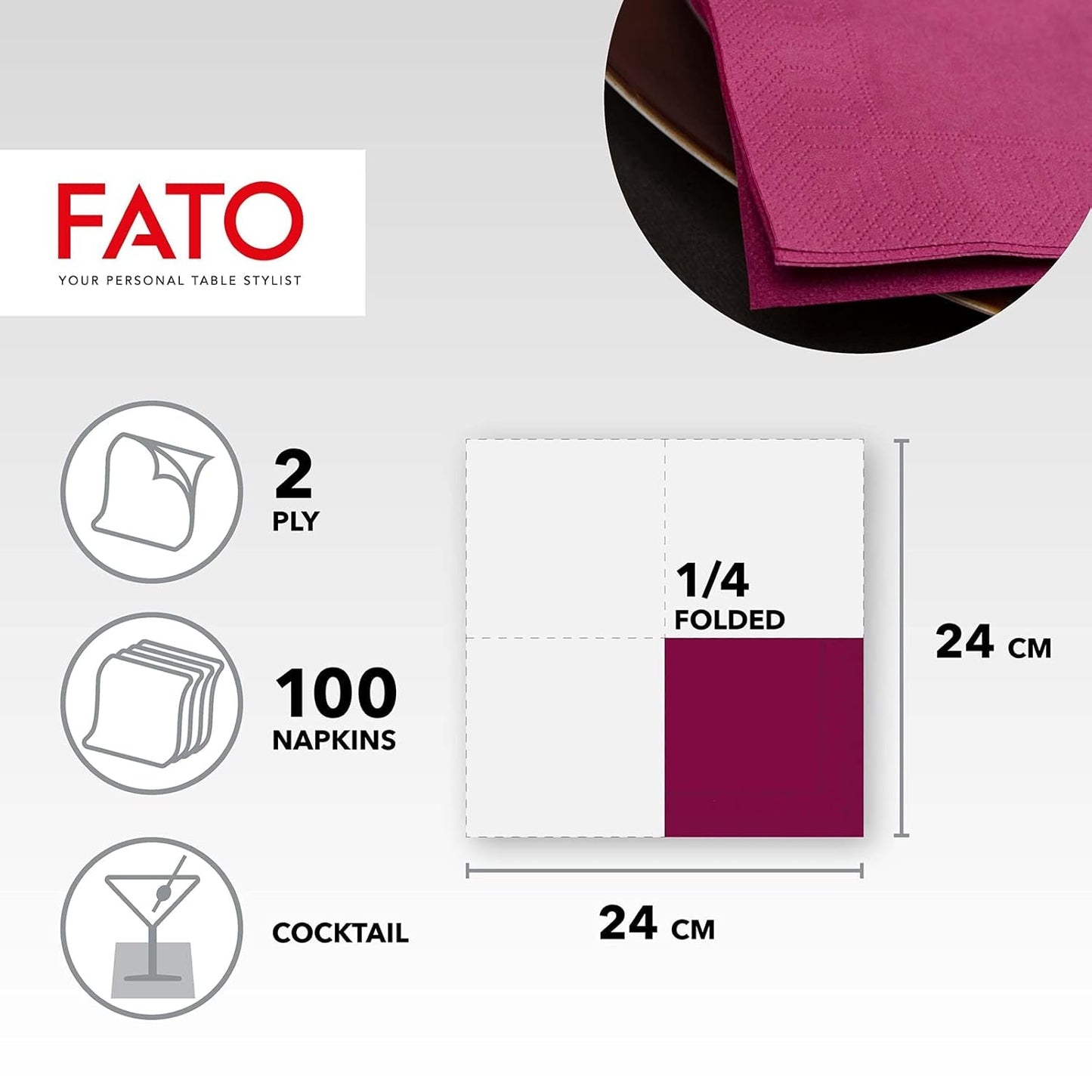 - Einweg-Papierservietten, ideal für Vorspeisen und Cocktails, Packung mit 100 Servietten, Größe 24 x 24, 4-lagig, 2-lagig, Bordeaux-Farbe, 100 % reines Zellulosepapier, FSC-zertifiziert