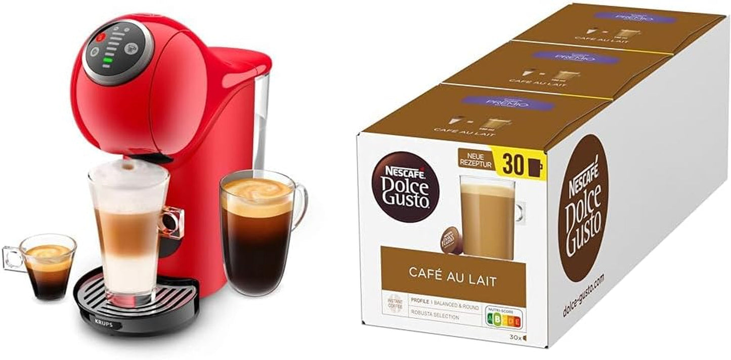 Krups KP3405 NESCAFÉ Dolce Gusto Genio S Plus Kapselmaschine, Espresso Boost, Temperaturwahl, Heiß- und Kaltgetränke, 15 Bar Pumpendruck, 0,8 L Wassertank, 1500 Watt, Farbe Rot mit Café au Lait