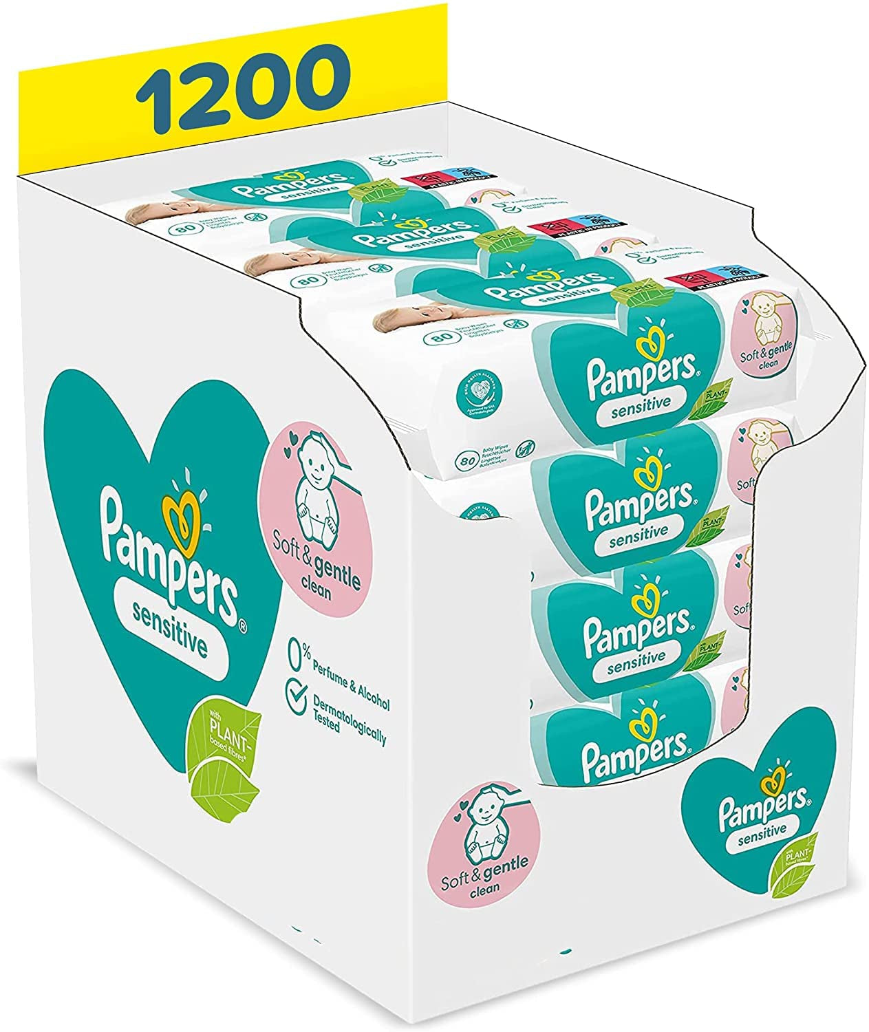 Pampers Sensitive Flip Advanced 4-in-1-Babytrage mit Lätzchen und Tüchern, 1200 Tücher (15 x 80) für empfindliche Babyhaut, dermatologisch getestet, Essentials für Neugeborene