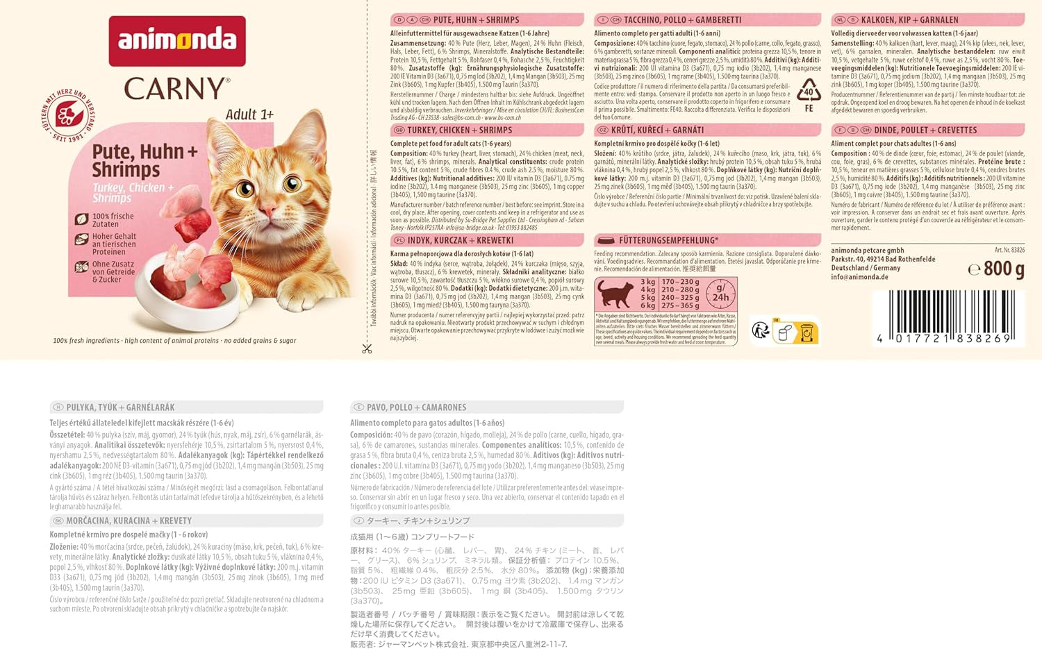 Animonda Carny Nassfutter für Katzen Truthahn + Huhn + Garnelen (6 x 800 g), getreidefreies, zuckerfreies Nassfutter mit frischen Fleischzutaten