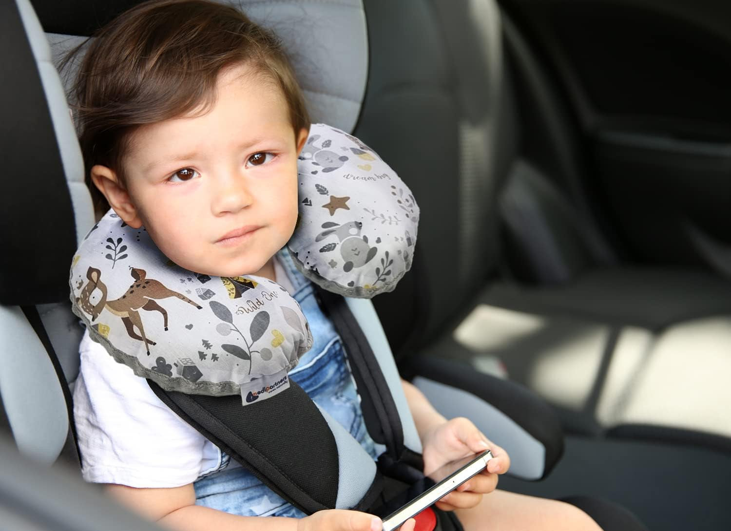 Medi Partners Baby-Nackenkissen, Nackenstütze, 100 % Baumwolle/Minky, Baby-Nackenkissen für Auto, Kinderwagen, Reisen, Reisen, Schlafen, Nackenkissen, Schlummerrolle (REH mit grauem Minky), orthopädische Zervikalkissen, Naty Shop