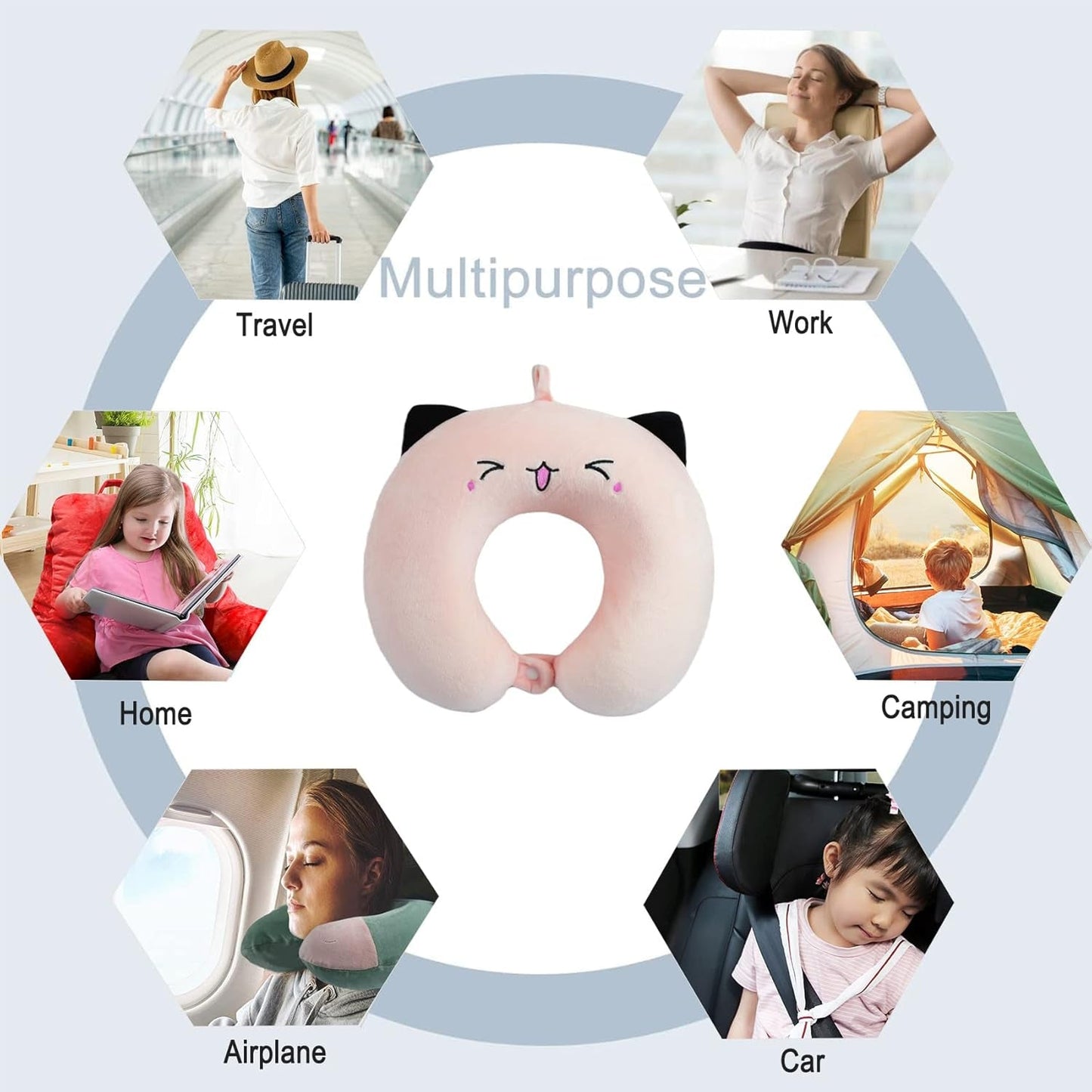 Nackenkissen, Kinder-Nackenkissen für Flugzeug, Auto, Zug, Reisen, Erwachsene, Memory-Schaum-Reisekissen, niedliches Tiermuster, U-förmiges Kissen, abnehmbarer Bezug (Pink2), orthopädische Nackenkissen von Naty Shop