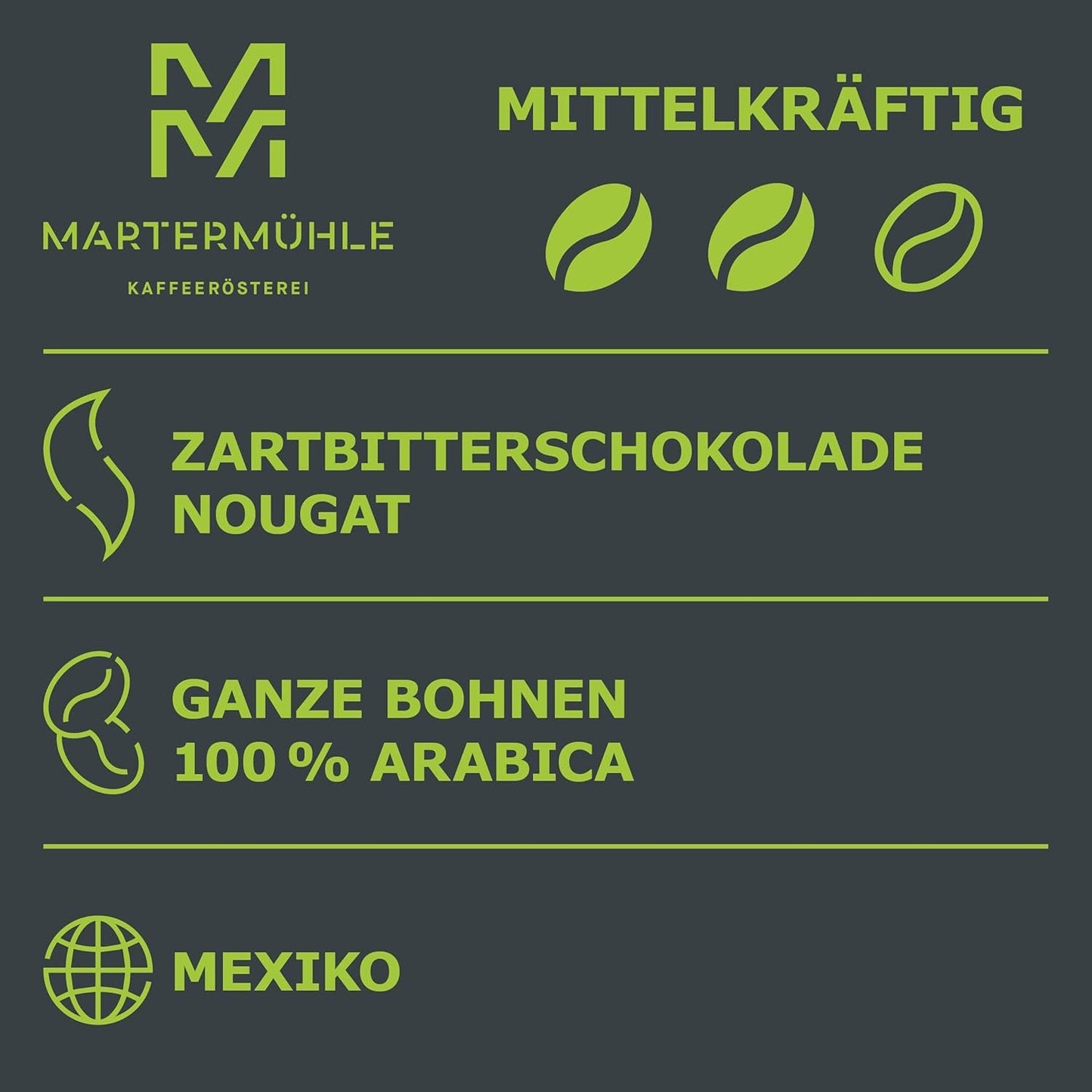 Martermühle Mexiko Bio Espressobohnen entkoffeiniert 1kg mittelkräftig I Arabica I Geschmacksrichtung: Nougat, Zartbitterschokolade I Ganze Bio Espresso-Bohnen schonend geröstet, säurearm