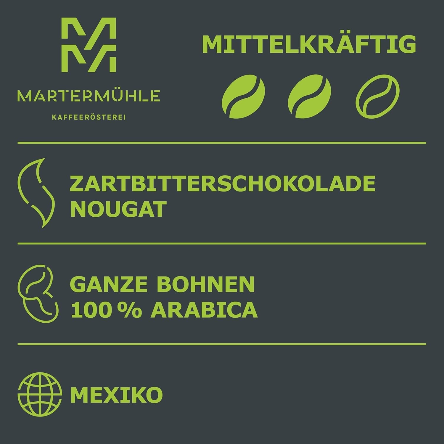 Martermühle Mexiko Bio Espressobohnen entkoffeiniert 1kg mittelkräftig I Arabica I Geschmacksrichtung: Nougat, Zartbitterschokolade I Ganze Bio Espresso-Bohnen schonend geröstet, säurearm