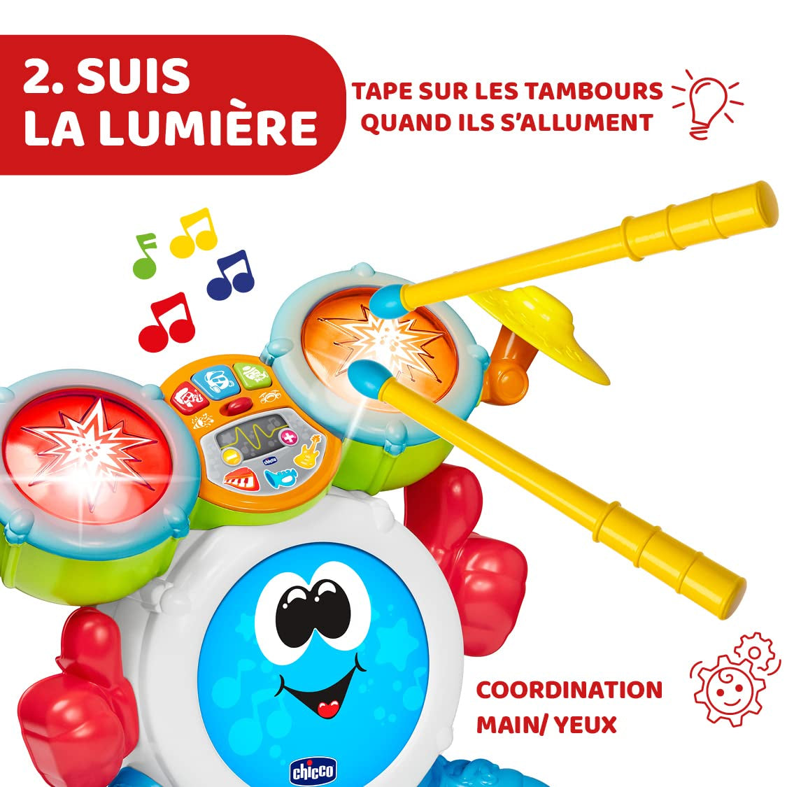 Chicco 00009820100000 Mi First Schlagzeug-Set mit Lichtern und Sounds, 3 Spielmodi, Musikinstrument mit Batterie für Kinder, mehrfarbig, groß, Jucarii Bebe Naty Shop