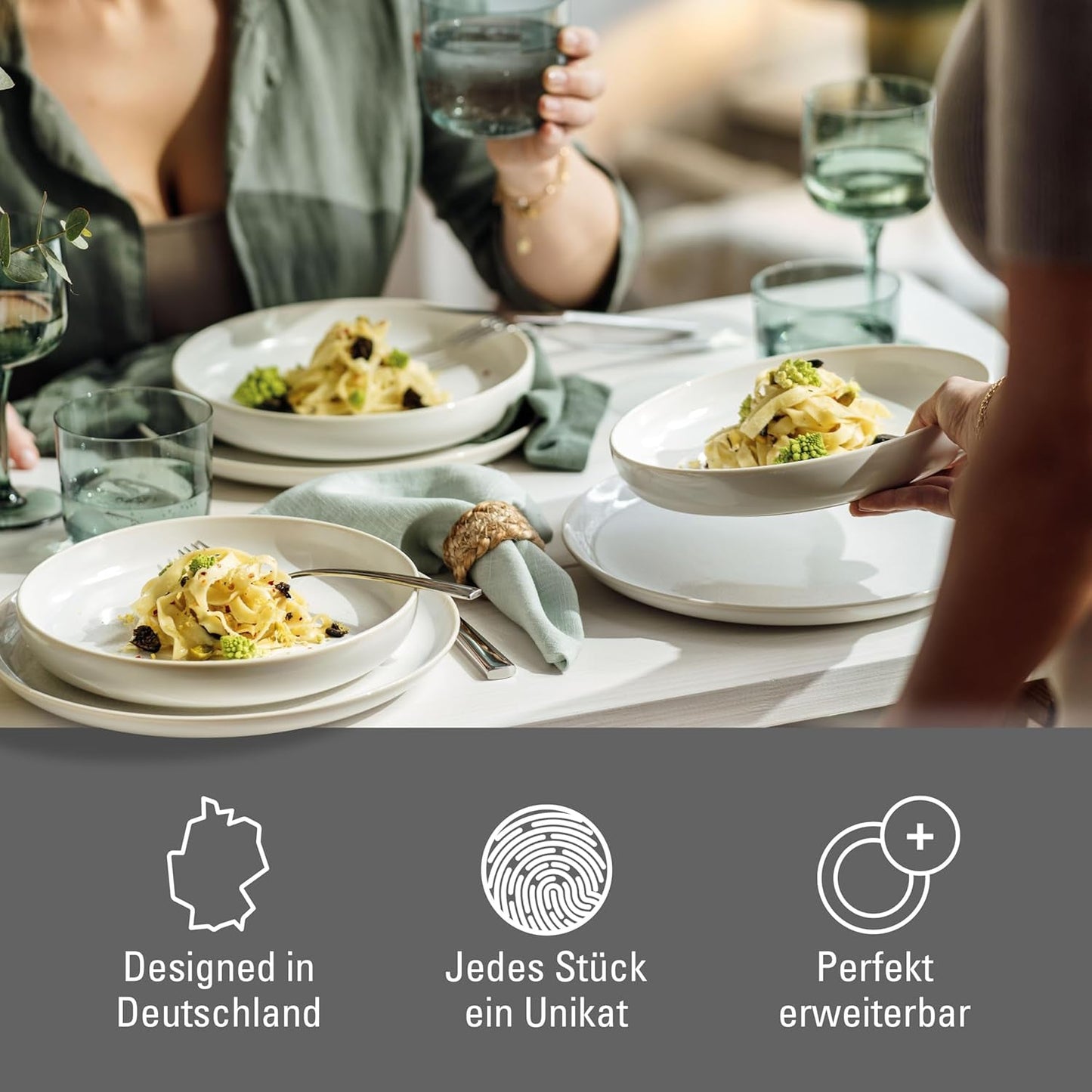 wie. by Villeroy & Boch – Crafted Cotton Dinner-Set 4 teilig Weiß, Spülmaschinenfest, Mikrowellensicher, Geschirrset, Tafelservice Modern, Speiseteller, Tiefe Teller, Pottery-Look, Premium Porzellan