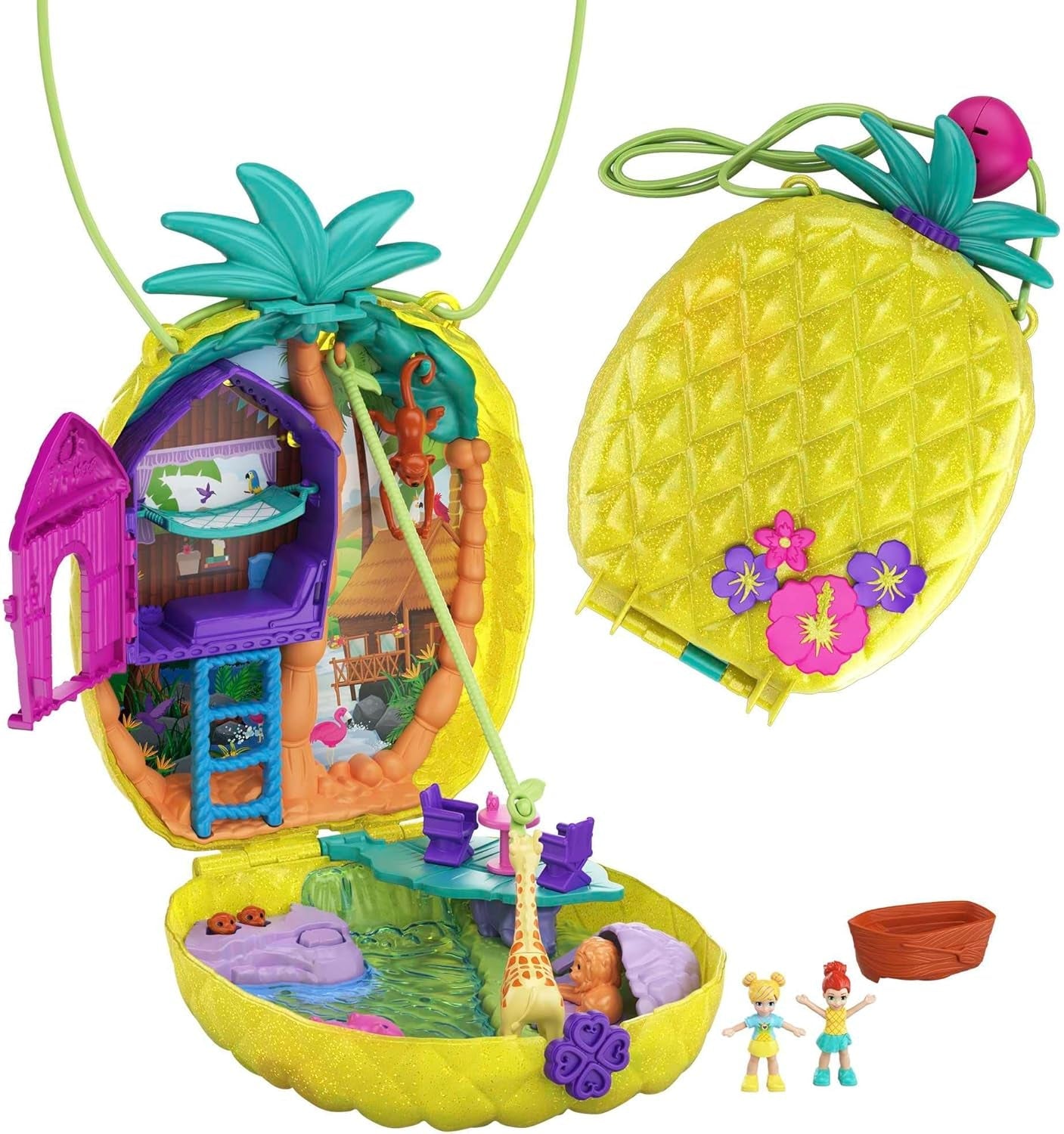 Polly Pocket GKJ64 – Tragbare Ananas-Taschen-Kompaktdose mit 8 lustigen Funktionen, Polly- und Lila-Puppen, 2 Zubehörteilen und Aufkleberbogen; Spielzeug für Kinder ab 4 Jahren