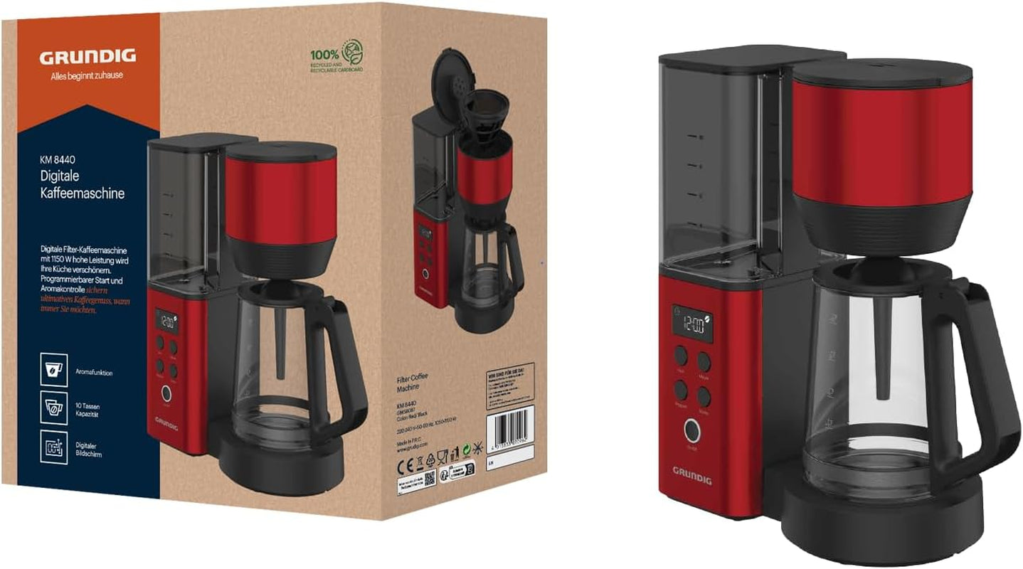 Digitale Espressomaschine mit Filter GRUNDIG KM8440, rot, 1000 W, 1,25 Liter