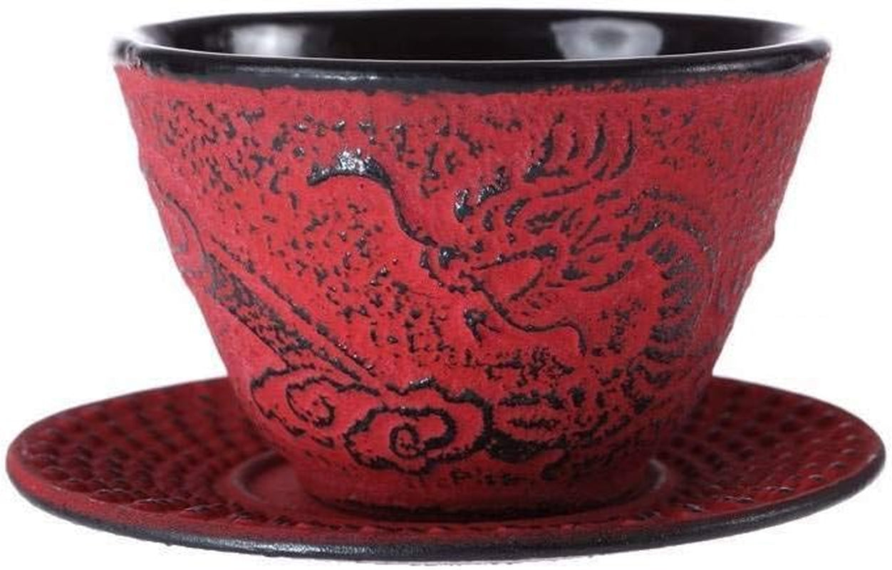 – Chinesisches Drachen-Teeservice – 1 Teekanne, 4 Tassen aus Gusseisen und Teesieb – Fassungsvermögen 0,8 l – japanisches asiatisches Dekor – Geschenkidee für japanisches Geschirr – Farbe Rot