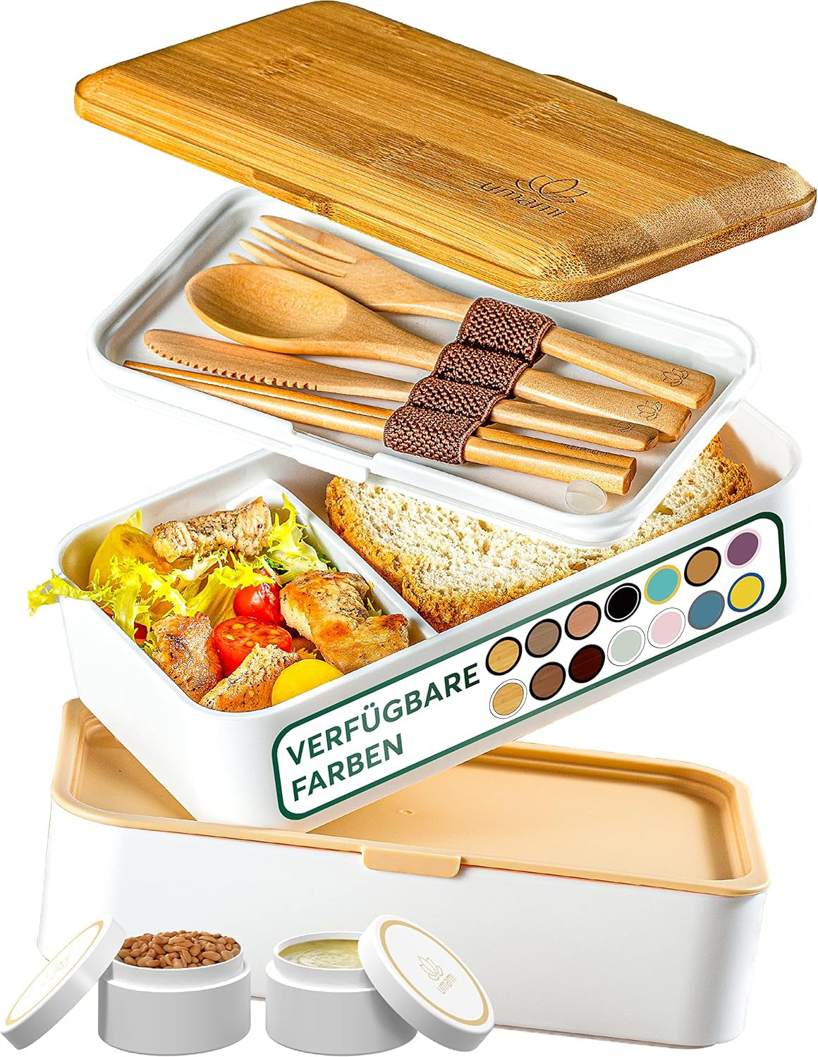 Umami Lunchbox für Erwachsene, auslaufsichere stapelbare Bento-Box mit 4 Besteck und Fächern, Lunchbox für Erwachsene, To-Go-Salatbehälter, Picknick-/Büro-Lunchbox, Anthrazit, 1500 ml