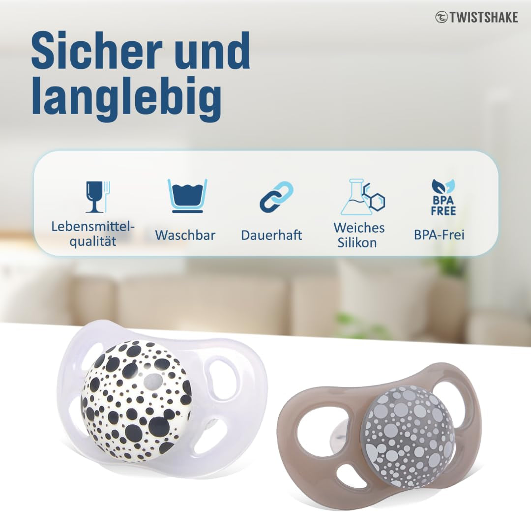 Twistshake Baby-Schnuller – 2er-Pack | Kieferorthopädische Form | Ultraleicht | Weicher Silikonsauger | BPA-frei | Geeignet für Babys ab 6 Monaten | Grauweiß