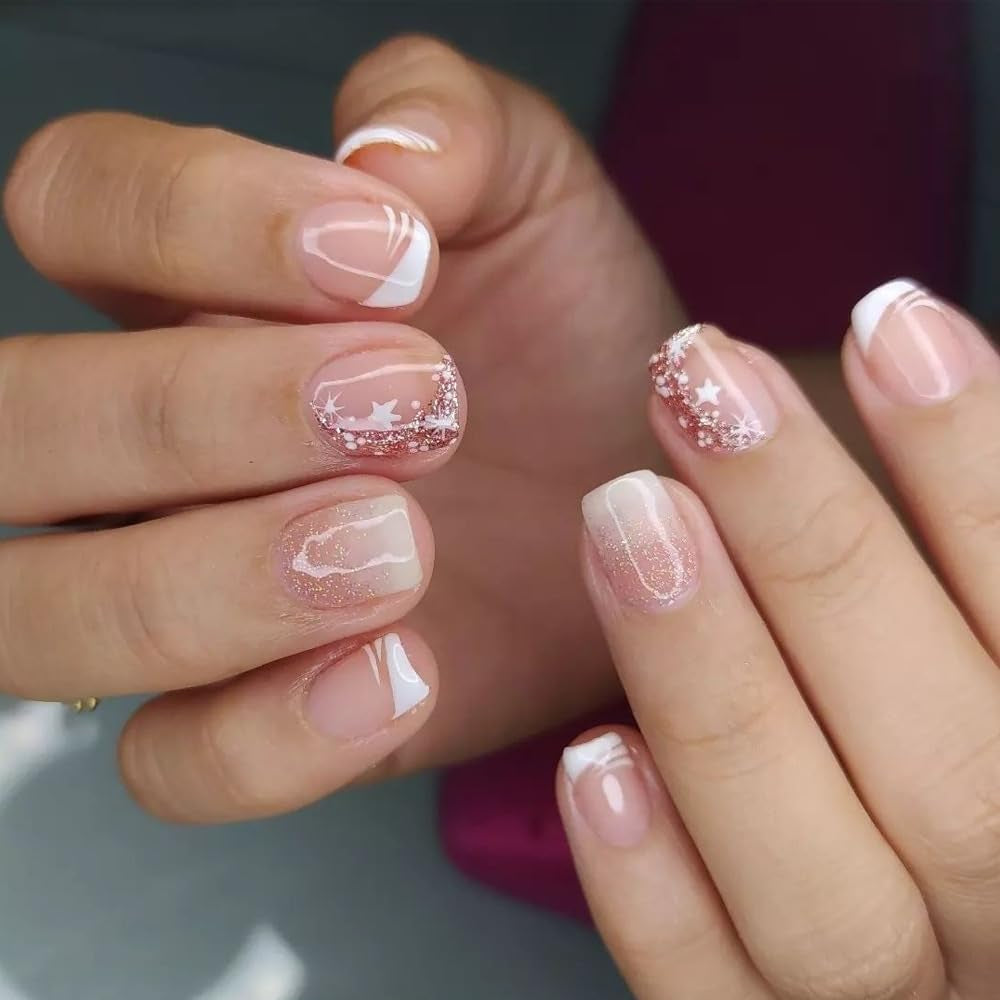 Selbstklebendes Kunstnägel-Set – Französische Kunstnägel – 24-teilig, kurzes quadratisches Design, weiß-rosa Farbverlauf, künstliche Nägel, Ballerina-Maniküre (kurzer rosa Farbverlauf)