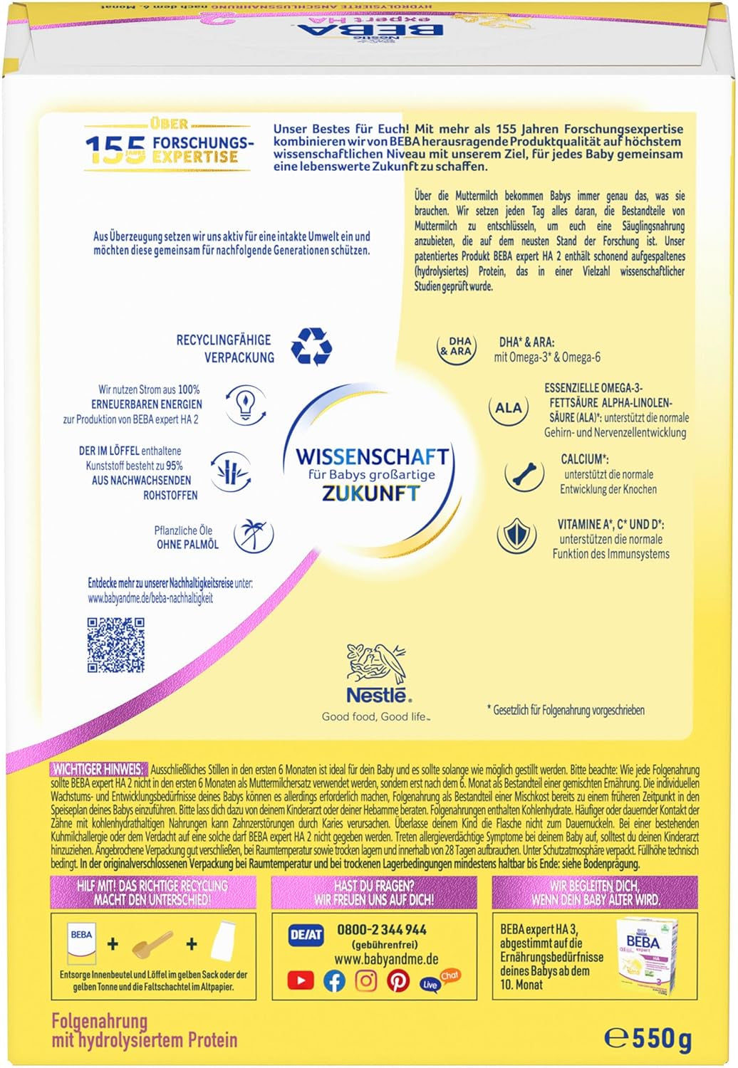 BEBA Expert HA 2 Folgemilch nach 6 Monaten, Babynahrung mit hydrolysiertem Protein, nur Laktose, palmölfrei, 6er Pack (6 x 550 g) Naty Shop