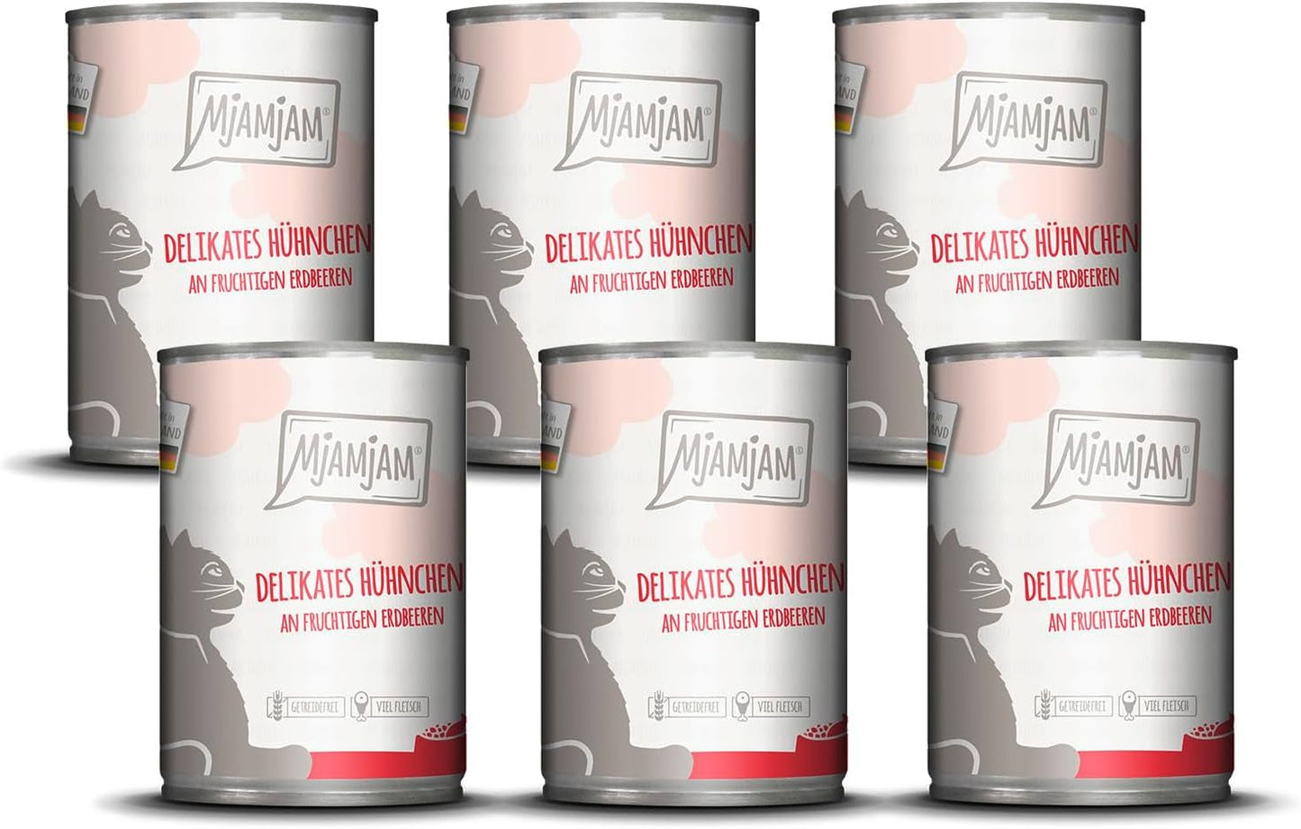 MjAMjAM – Premium-Nassfutter für Katzen – zartes Huhn mit fruchtigen Erdbeeren 400 g, 6er-Pack (6 x 400 g), natürlich mit extra Fleisch