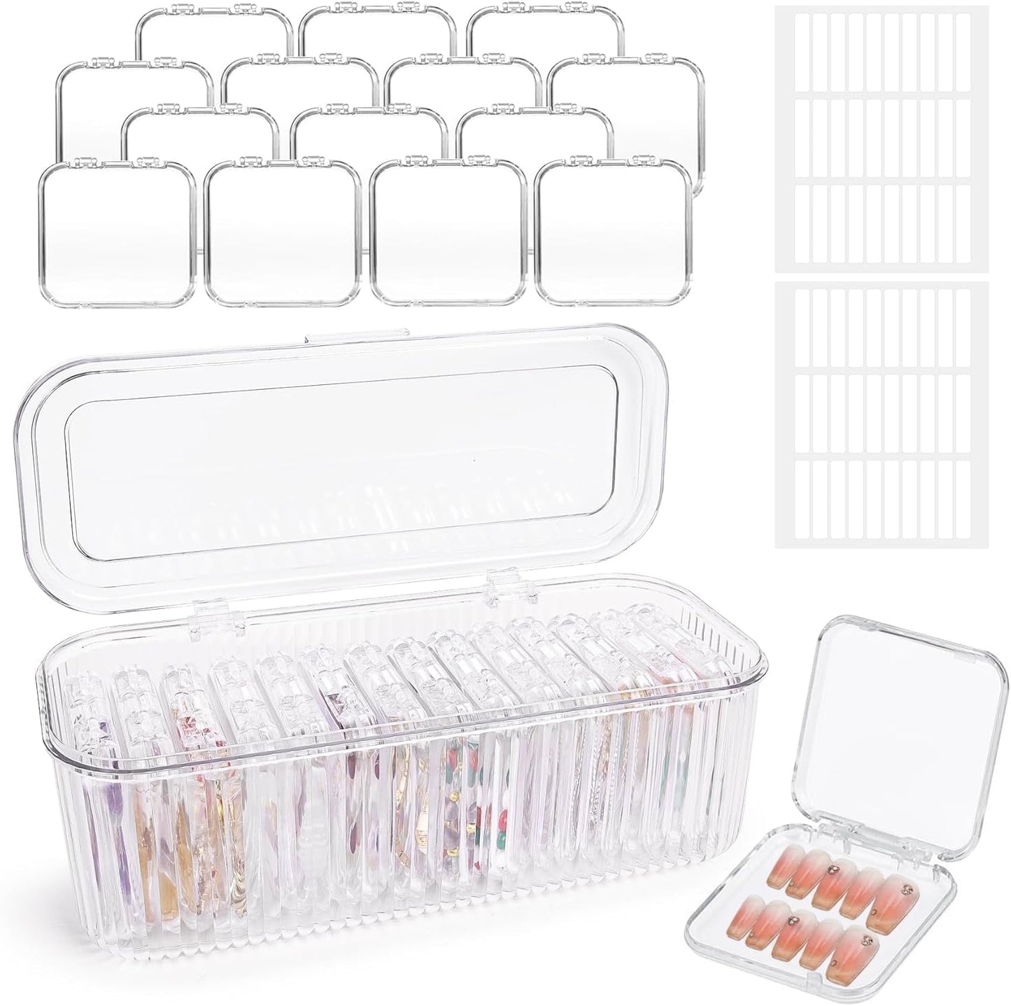 INMORVEN Nagel-Aufbewahrungsbox-Set – 14 transparente Nagelboxen + 1 große Box und 60 Klebescheiben – ideal für die Aufbewahrung von künstlichen Nägeln, Gel-Nagelzubehör und Nagellack (14 Stück in einer Schicht).