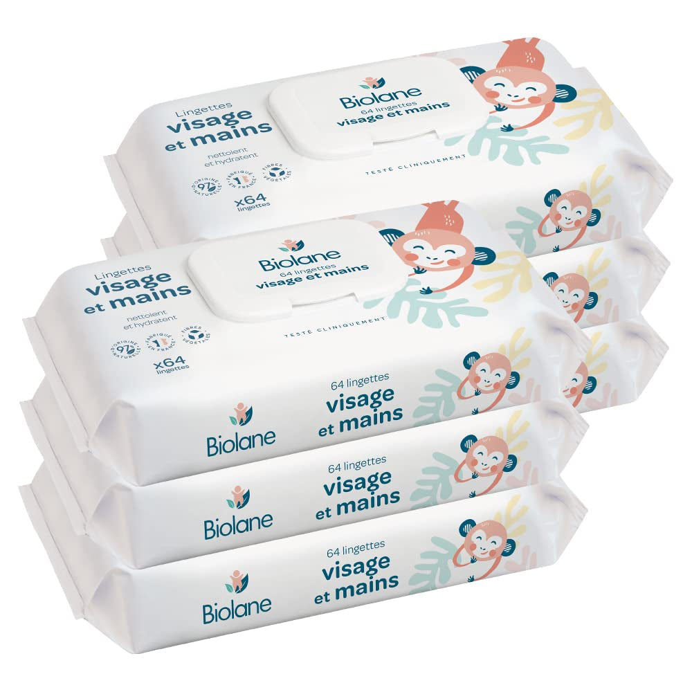 BIOLANE – Baby-Feuchttücher für Gesicht und Hände – 6er-Pack – 384 Tücher (6 x 64 cm) – reinigt und schützt – Toilettenartikel – hypoallergen – für empfindliche Haut – 97 % natürliche Inhaltsstoffe – hergestellt