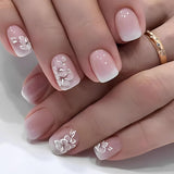 24 Stück weiße quadratische Nägel zum Aufkleben, rosa Farbverlauf, Blumenmuster, zum Aufdrücken der Nägel, künstliche Nägel, falsche Nagelkunst, französische quadratische Nägel, künstliche Nägel für Frauen
