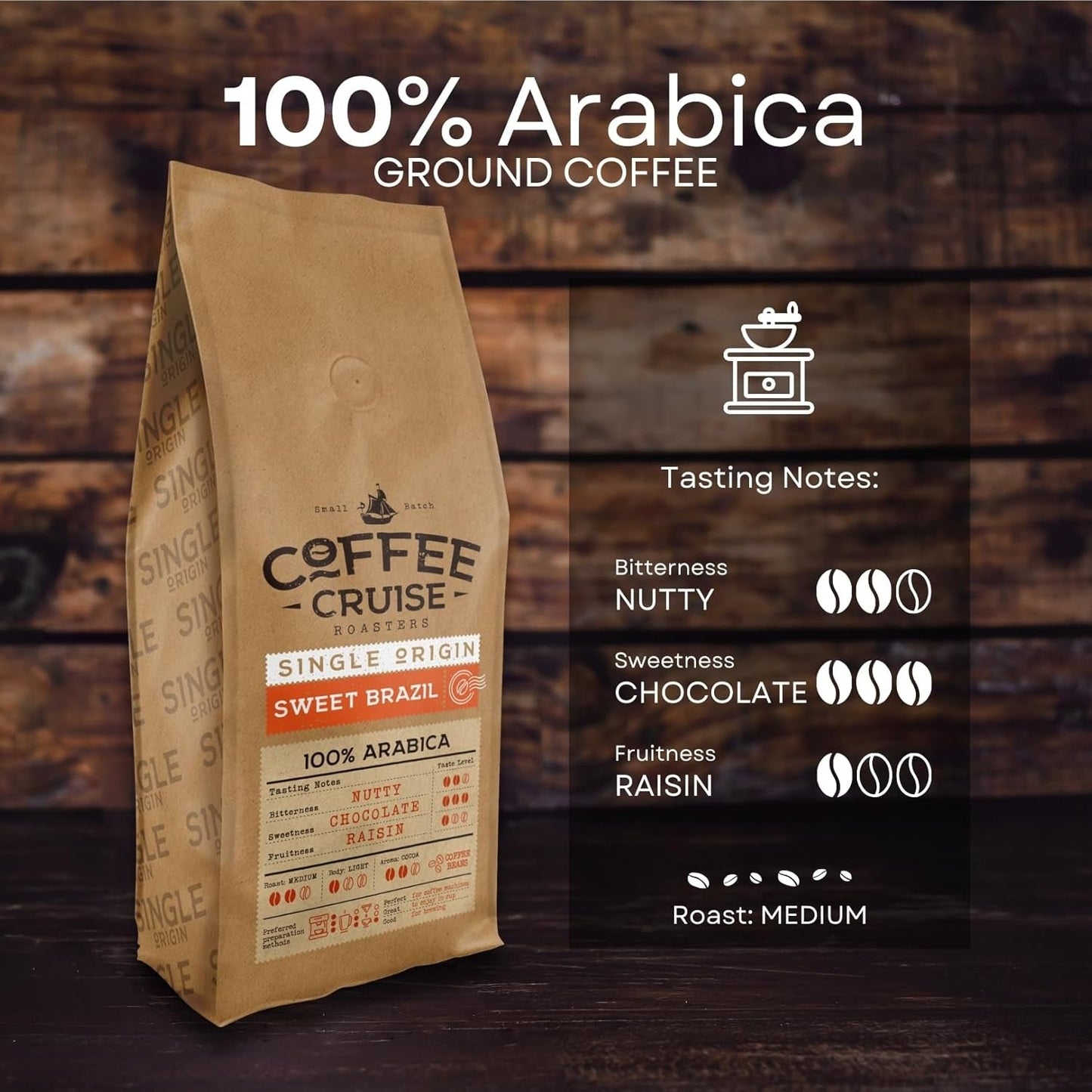 COFFEE CRUISE Sweet Brazil Brasilianische Kaffeebohnen 1kg - Mittlere Röstung - Aroma Kakao und Schokolade - Für alle Kaffeemaschinen - 100% Arabic