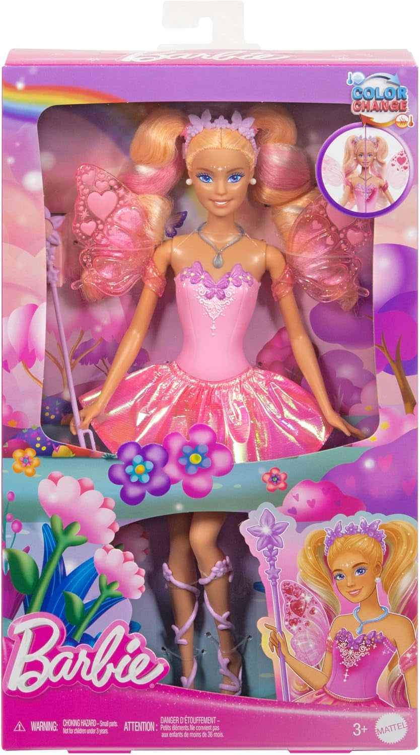 Mattel Barbie-Puppe Fee mit Spielzeugstab und Modeaccessoires, fantastisches Thema mit Flügeln und Farbwechsel-Outfit, JCP76, [Mehrfarbig] Naty Shop Dolls