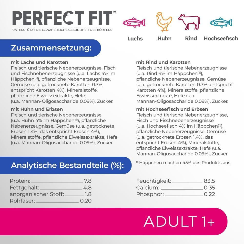 Perfect Fit Adult 1+ Nassfutter-Auswahl mit Lachs, Tiefseefisch, Rind und Huhn, 48 Beutel, 12x85g (4er-Pack) – Premium-Nassfutter für ausgewachsene Katzen ab 1 Jahr