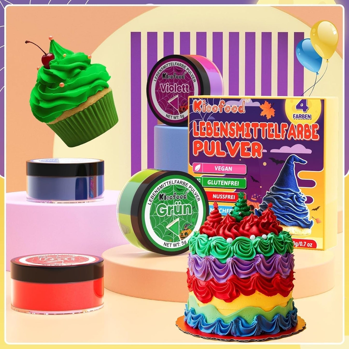Lebensmittelfarbpulver – 4 Farben Lebensmittelfarbe, konzentrierte Lebensmittelfarbe, Rot, Grün, Blau, Lila, Lebensmittelfarbe zum Dekorieren von Kuchen, Backen, Zuckerguss, Dessert, Kochen – 5 g
