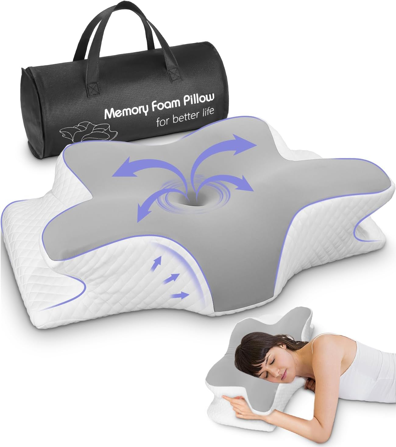 Nackenkissen, Seitenstützkissen, Memory-Schaum-Kissen, orthopädisches Kissen, ergonomisches Nackenstützkissen für optimale Unterstützung von Rücken und Bauch, Seitenstützkissen (62 x 41 x 13 cm), orthopädische Nackenkissen, Naty Shop, Grau