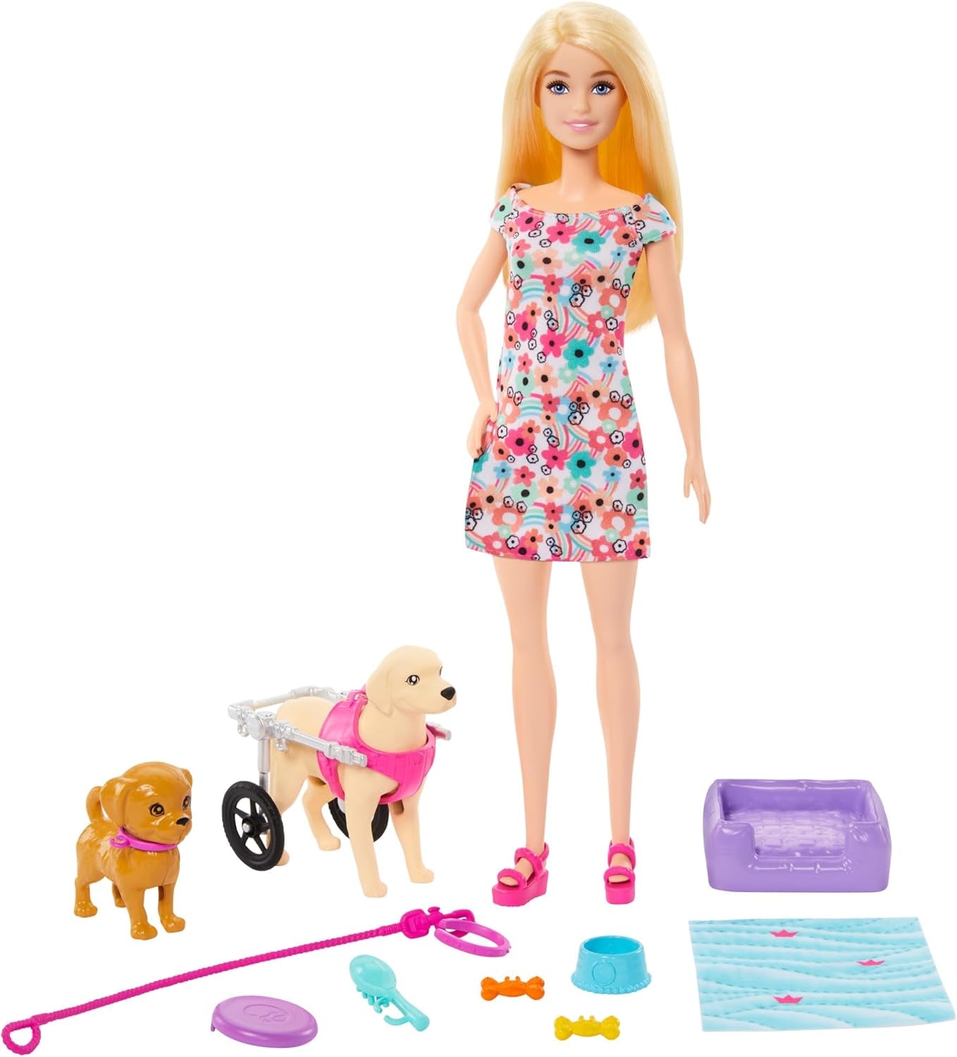 Barbie Dog Duo-Puppe und Zubehör, einschließlich kleiner Hund und großer Hund mit Rollstuhl, Leine, Futternapf, Haustierbett und Leckerliknochen, ab 3 Jahren, HTK37 Naty Shop Dolls Standardtitel