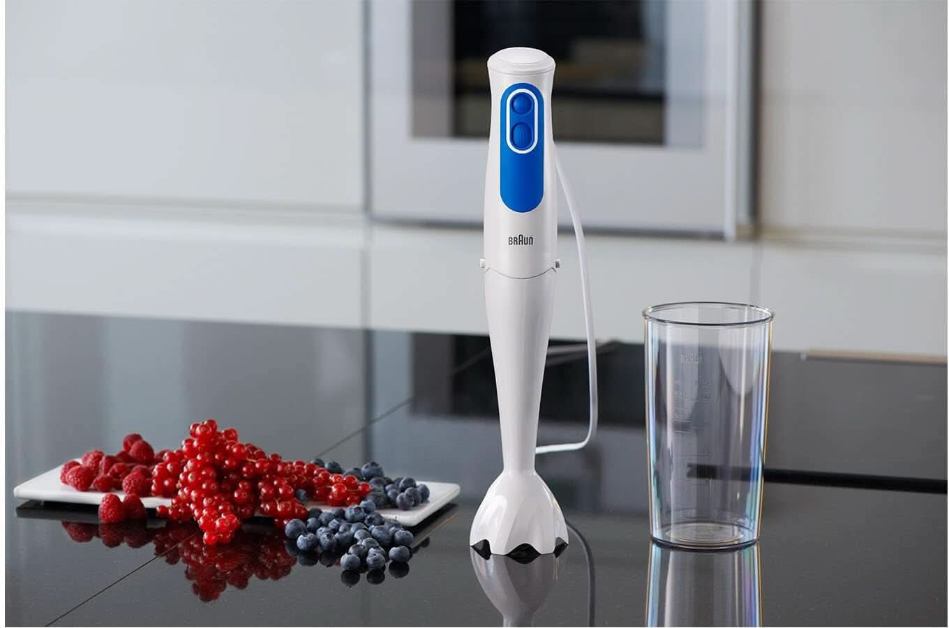 Braun Multiquick 3 MQ 3000 Smoothie+ Stabmixer – Pürierstab mit 2 Geschwindigkeiten, Powerbell plus und Splashcontrol-Technologie, 700 Watt, Inkl. 600 ml Mix- & Messbecher, Blau/Weiß Kitchen Naty Shop