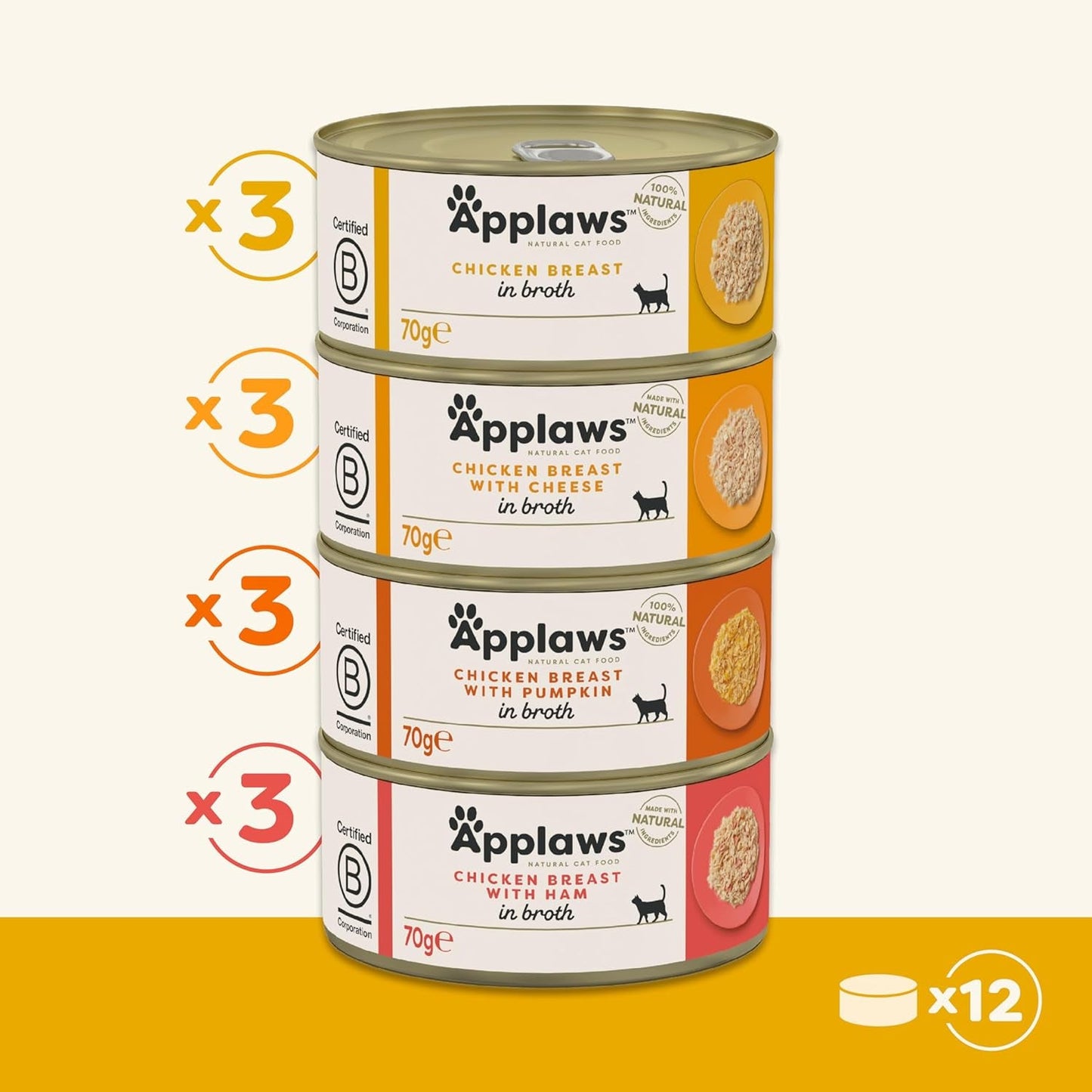 Applaws 100 % natürliches Premium-Nassfutter für Katzen, Hühnerbrühe-Auswahl für ausgewachsene Katzen – 4er-Packung (12 x 70 g)