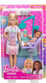 Barbie-Zahnarztpuppe, Modepuppe mit blonden Haaren, blauem Kleid und Laborkittel, 1 Kinderpuppe, Untersuchungszubehör und verschiedene Accessoires, JCR74